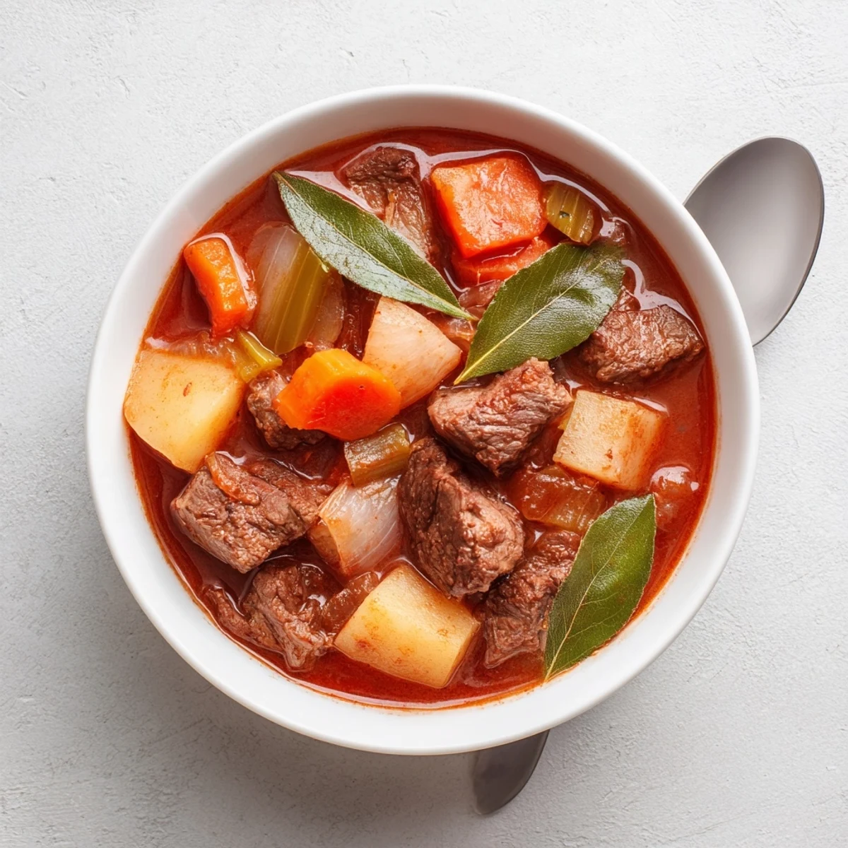 Slow-braised Italian beef stew spezzatino featuring tender beef cubes, carrots, potatoes, and celery in a thick red wine sauce