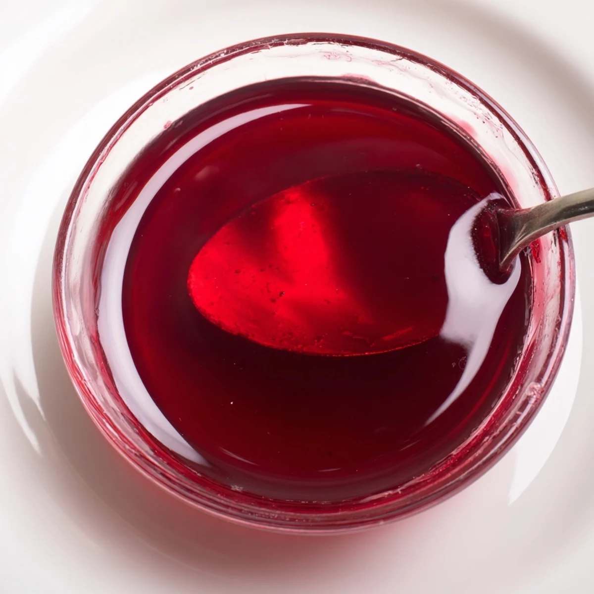 Rich crimson cranberry syrup in clear glass bottle garnished with lemon twist