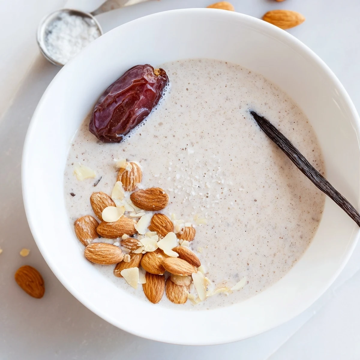 Creamy homemade Almond Milk in glass jar, resting beside blender
