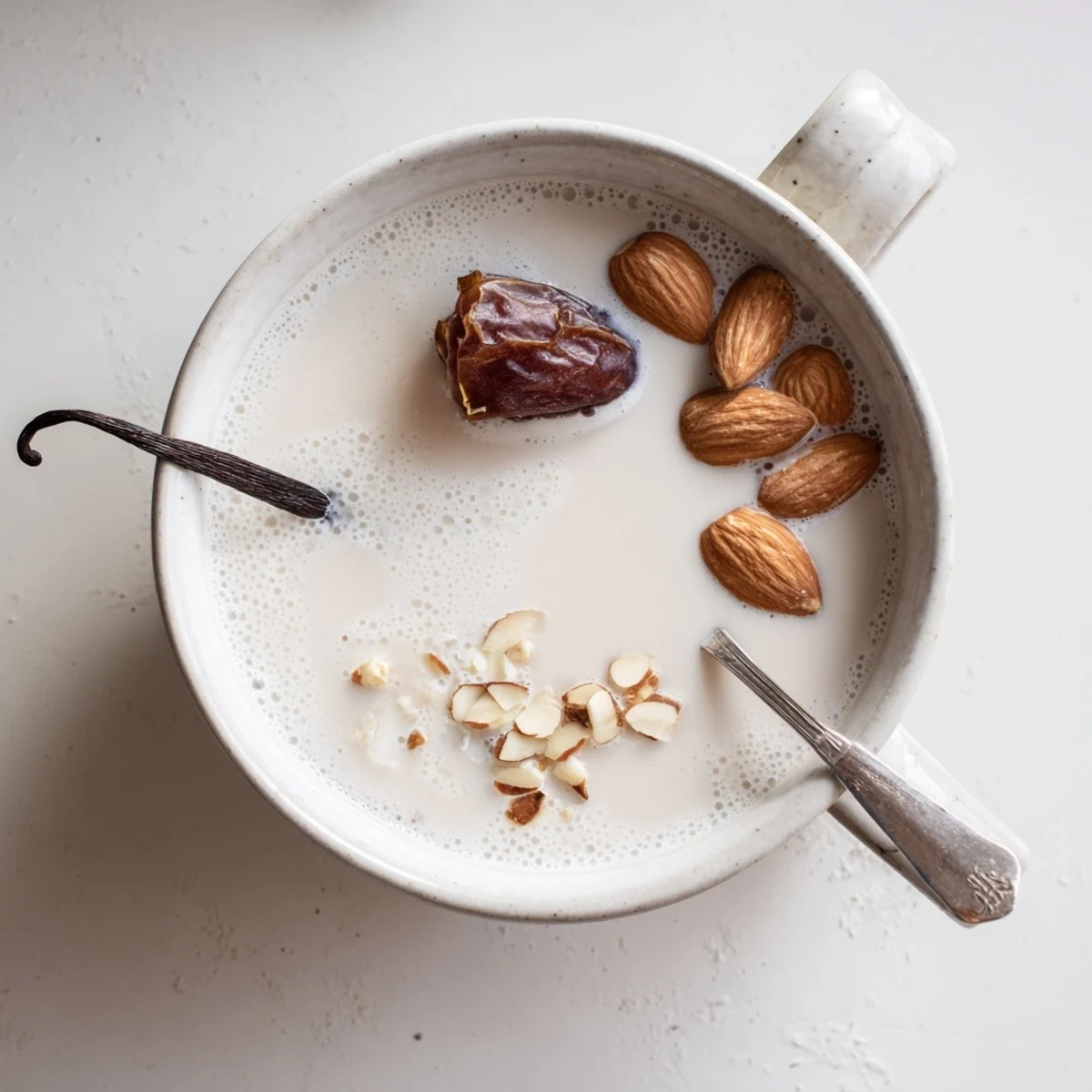 Straining fresh Almond Milk through cheesecloth over bowl, milky white pour