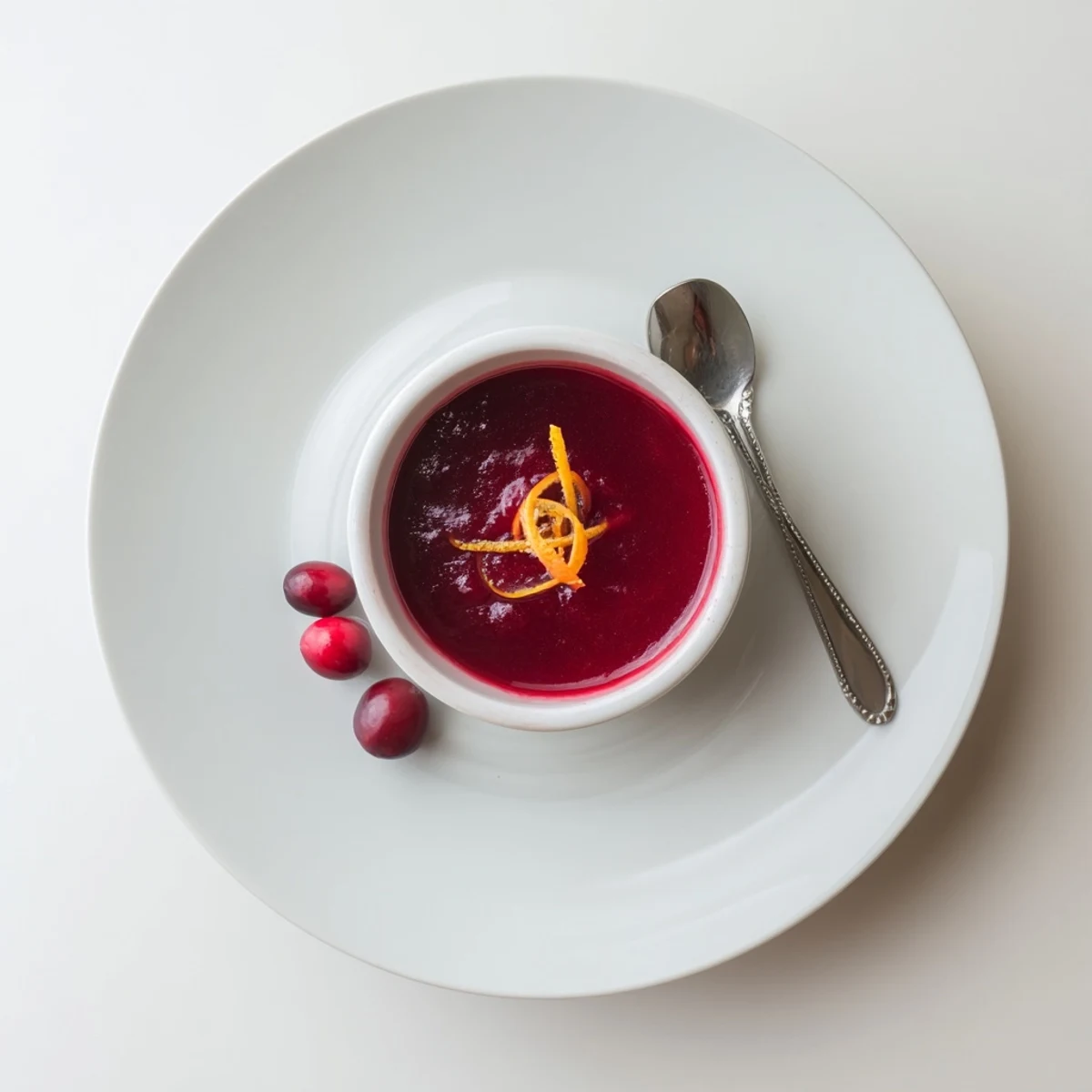 Warm Cranberry Syrup drizzled on vanilla ice cream, glossy texture and tang