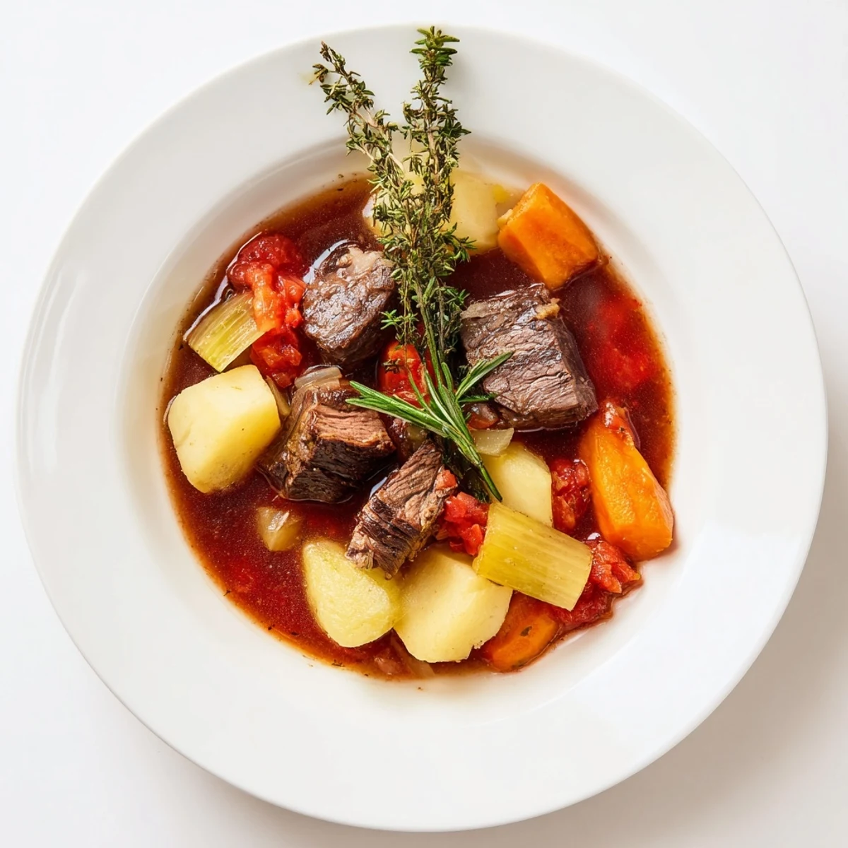 Spezzatino Di Manzo slow-simmered in a Dutch oven, thick tomato sauce