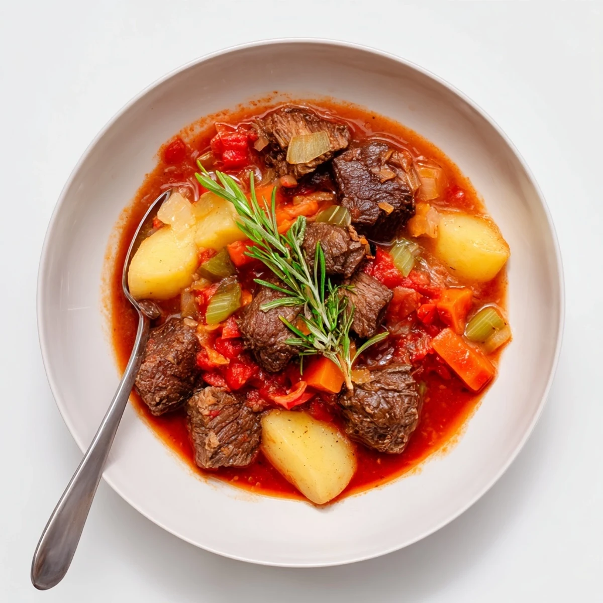 Steaming Spezzatino Di Manzo with tender beef, carrots, and rosemary aroma
