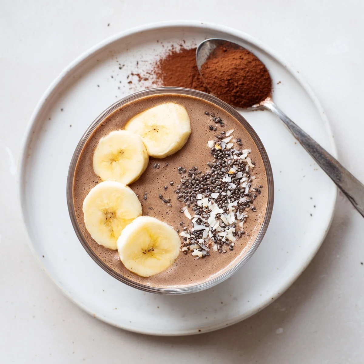 Raw Chocolate Banana Shake poured into tall glass, creamy, chocolatey aroma