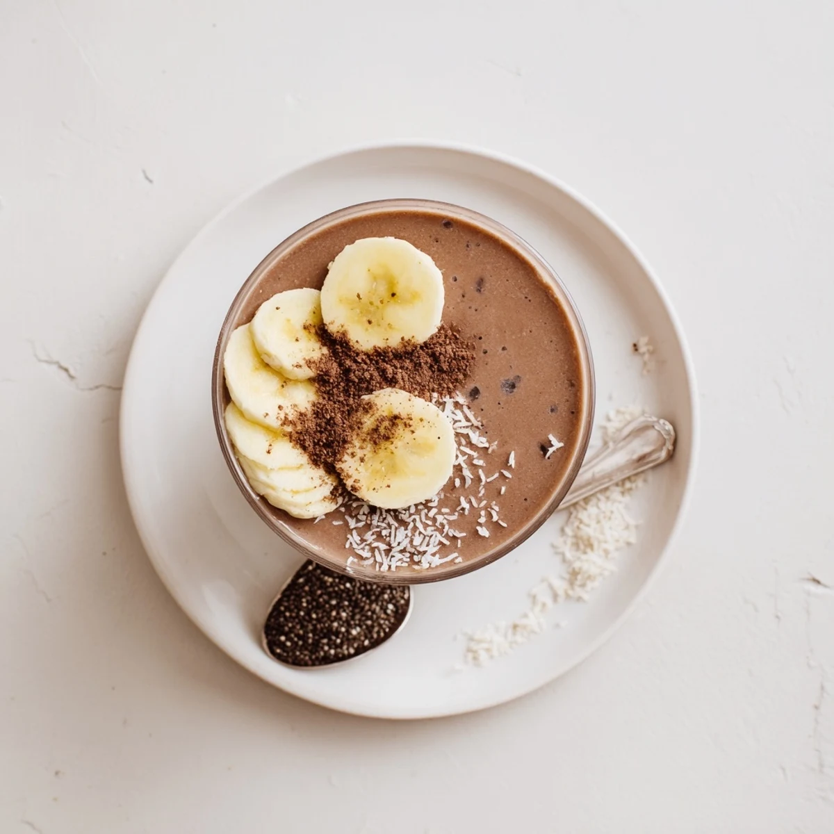 Glass of Raw Chocolate Banana Shake garnished with banana slices and cacao nibs