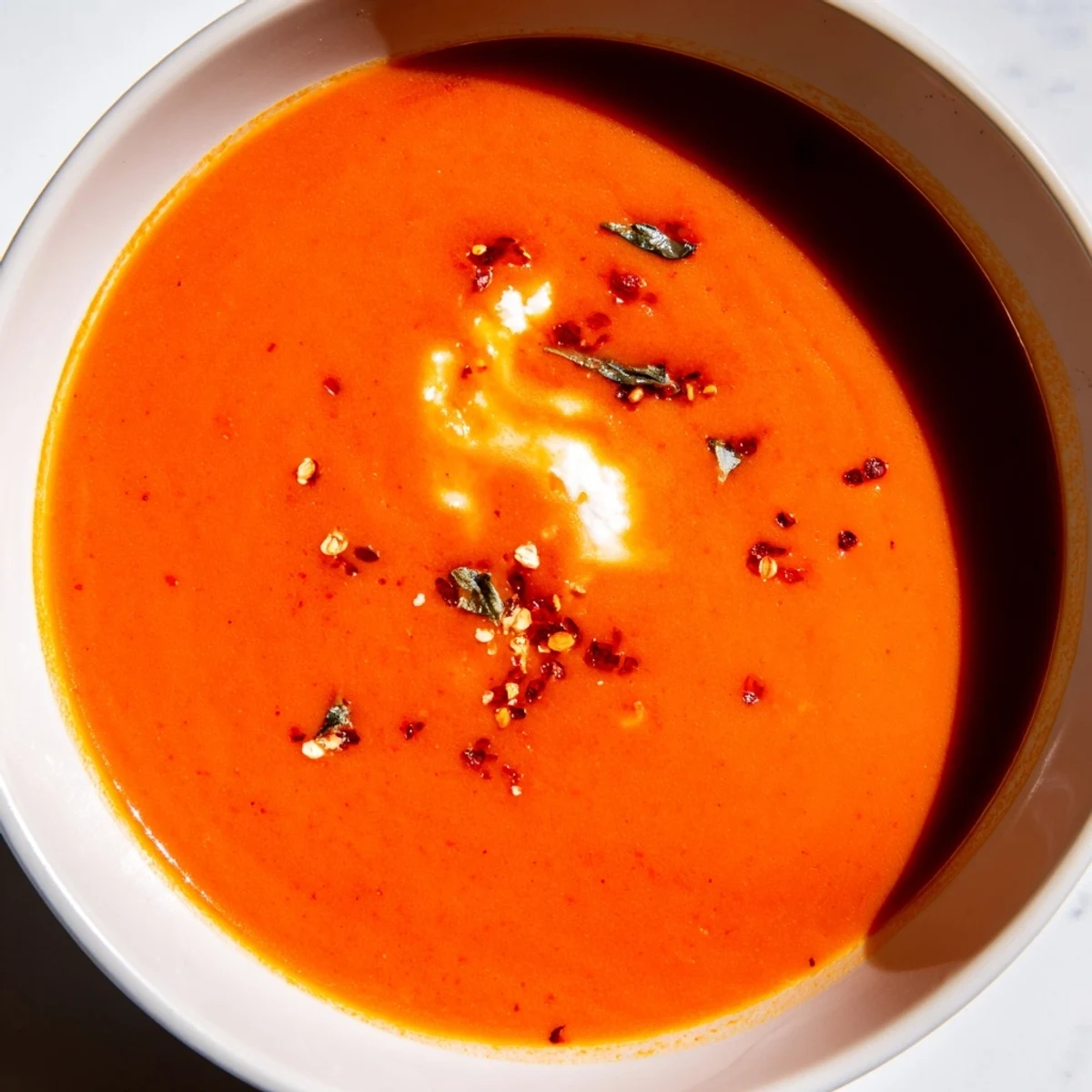 Creamy high protein tomato soup served steaming hot in a rustic bowl with fresh basil