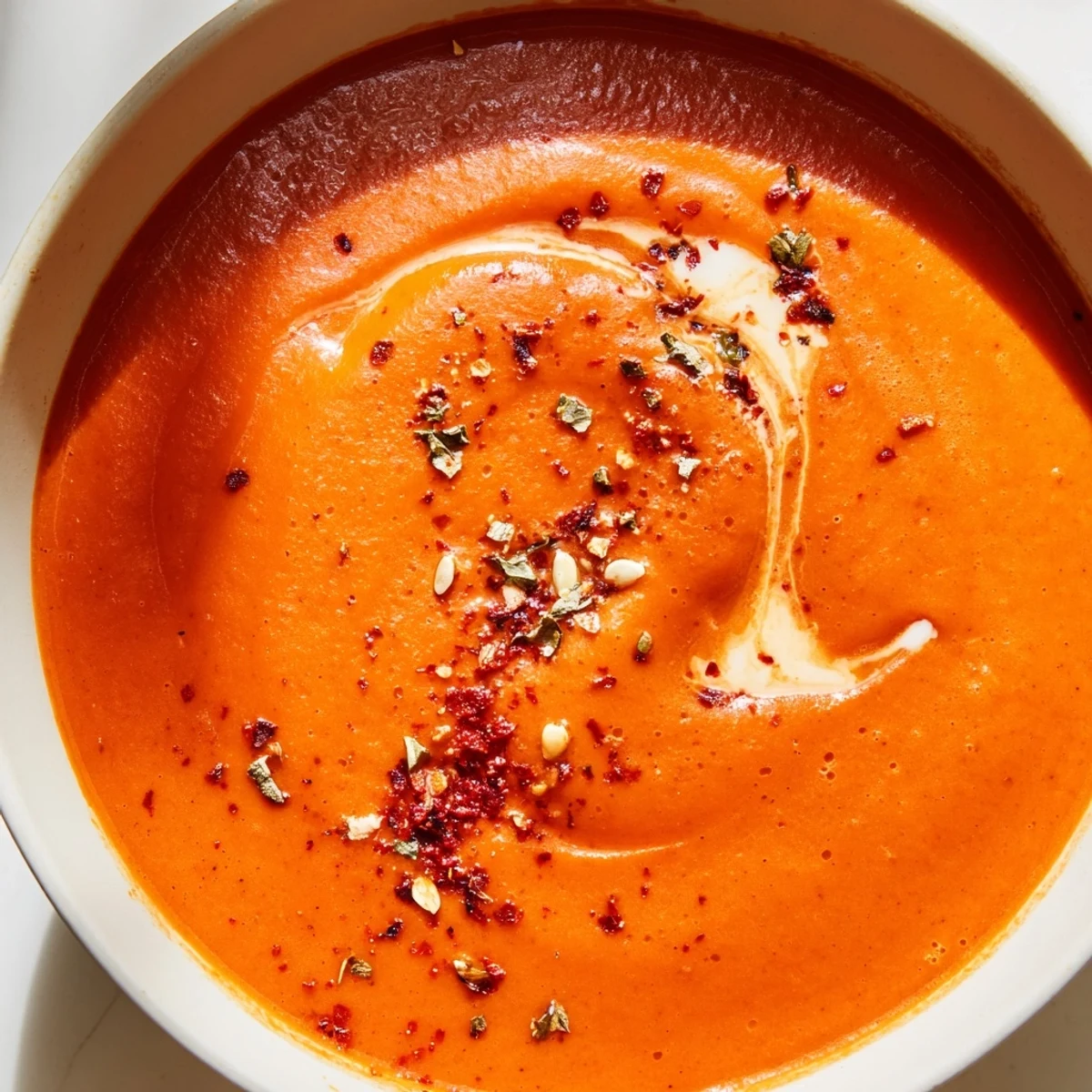Velvety high protein tomato soup topped with chili flakes and a swirl of yogurt