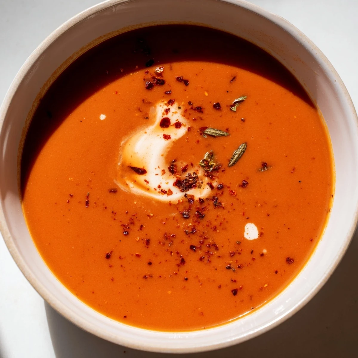 Smooth high protein tomato soup ladled into a white mug alongside crusty whole grain toast