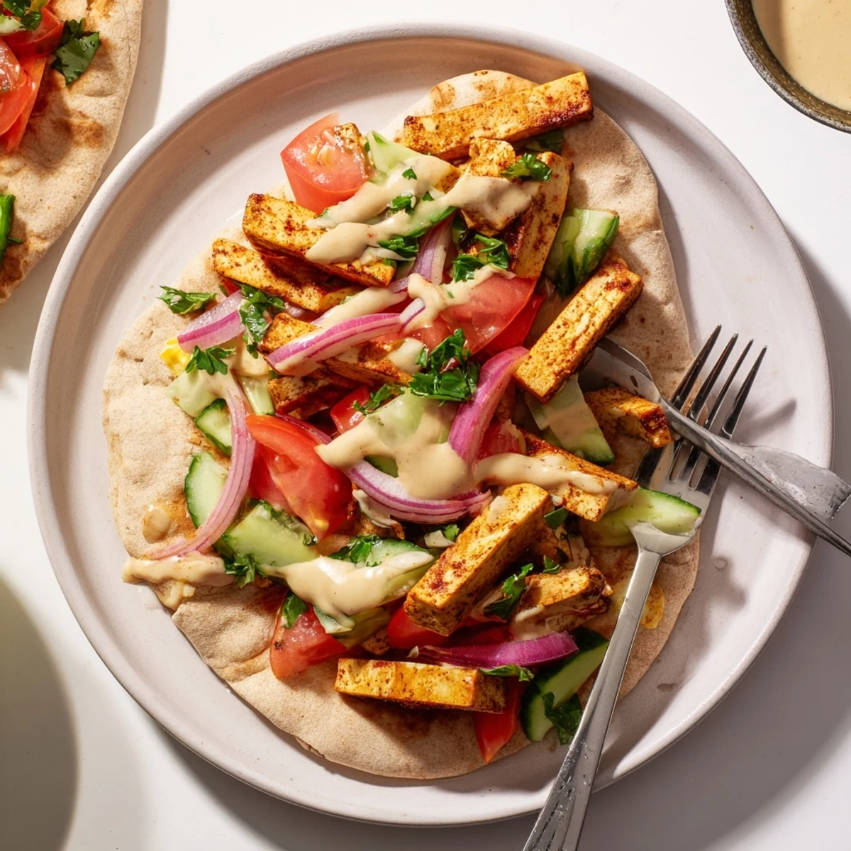 Golden crispy tofu shawarma wrapped in warm pita with fresh vegetables and creamy tahini sauce