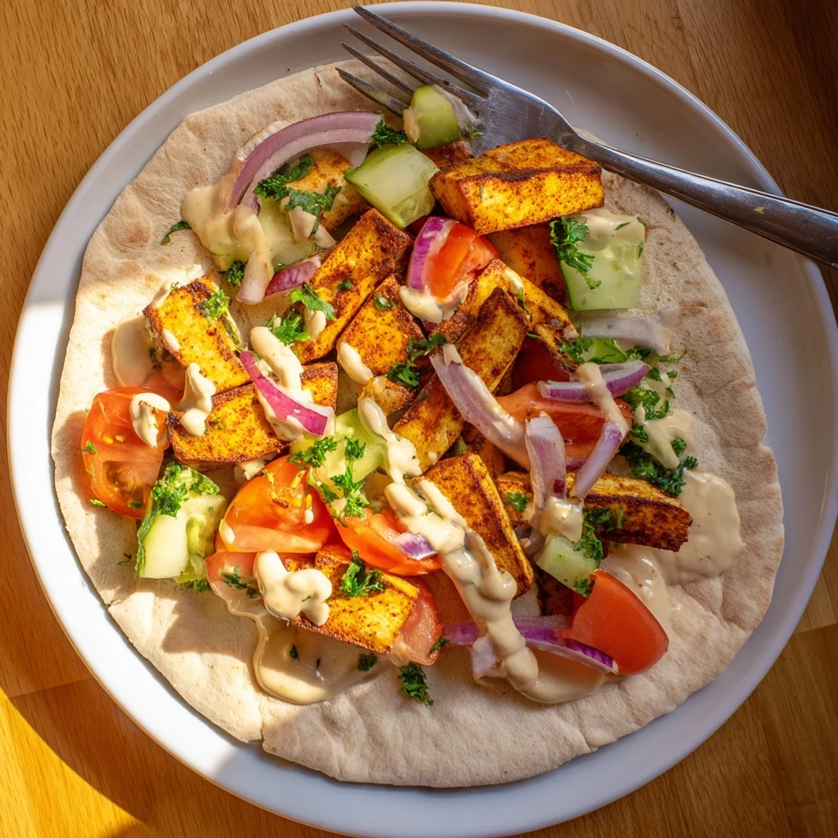 Spiced tofu shawarma sliced and fanned on a platter beside diced cucumber, tomato, and flatbread