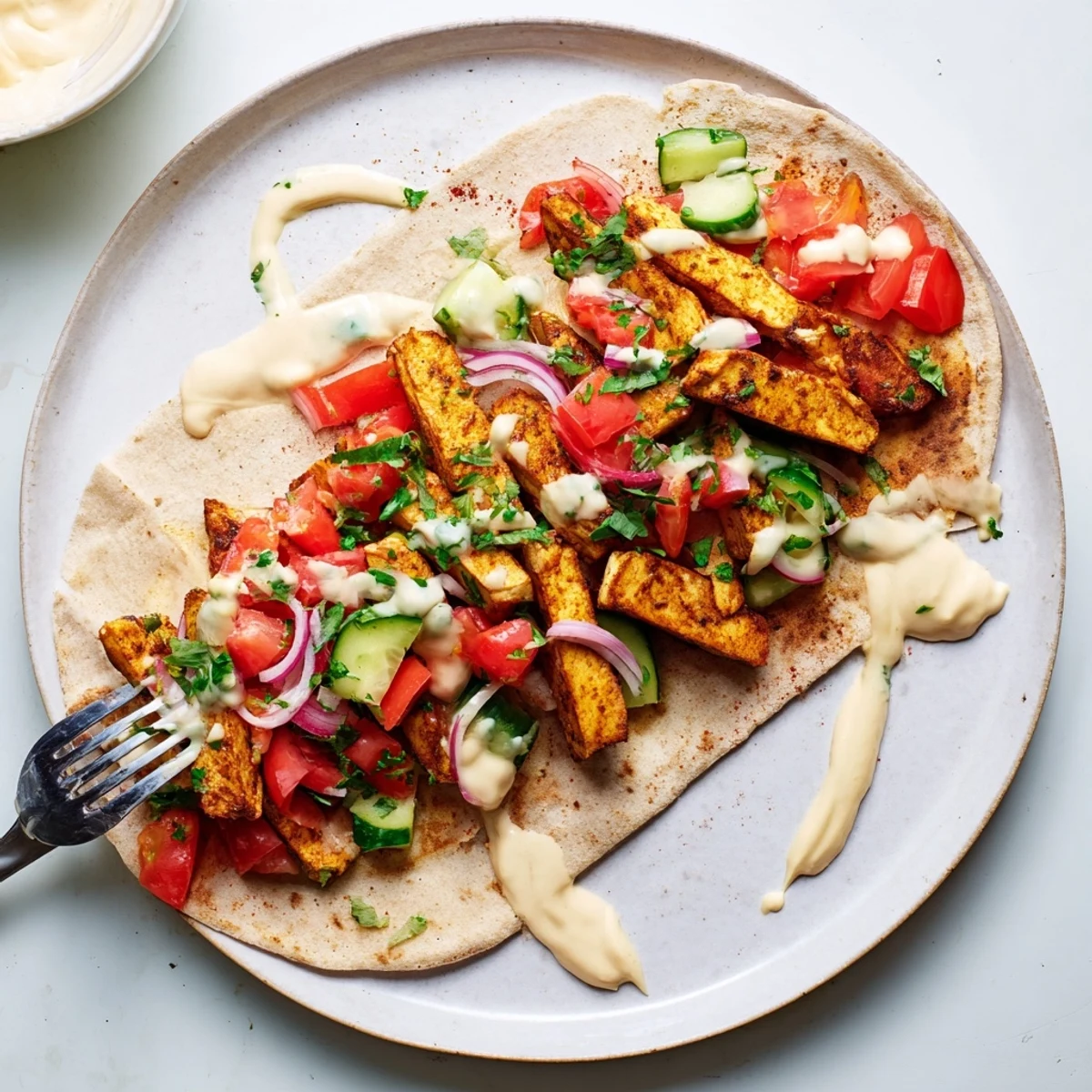 Roasted tofu shawarma nestled in a soft wrap drizzled with tangy tahini and sprinkled with fresh parsley