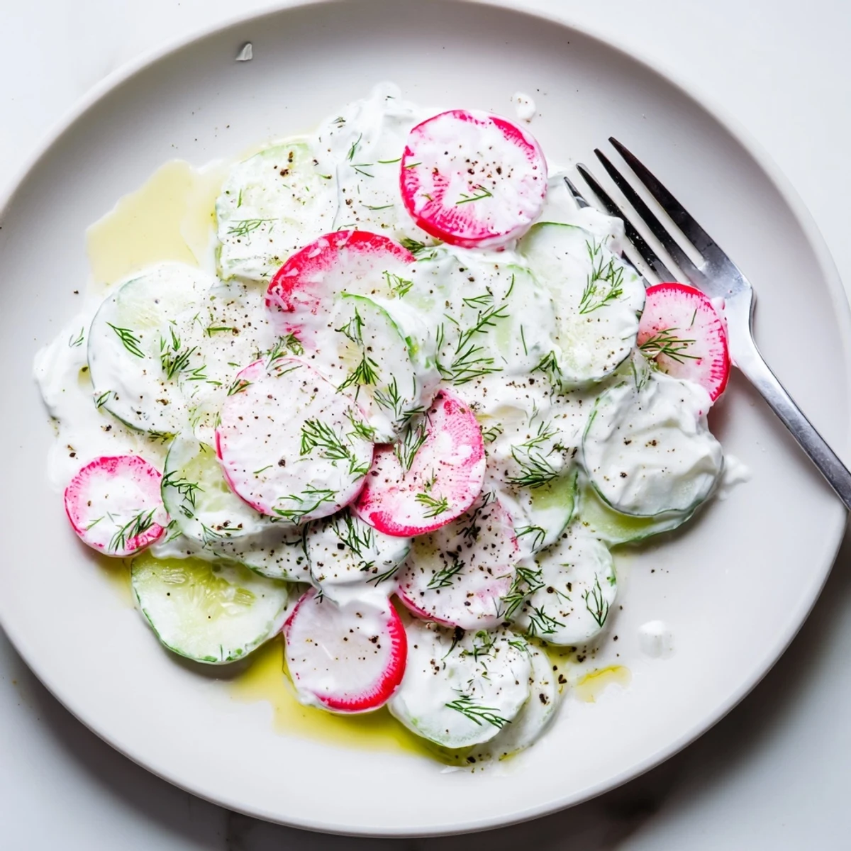 Creamy cucumber radish yogurt dill salad in a rustic bowl with fresh herbs