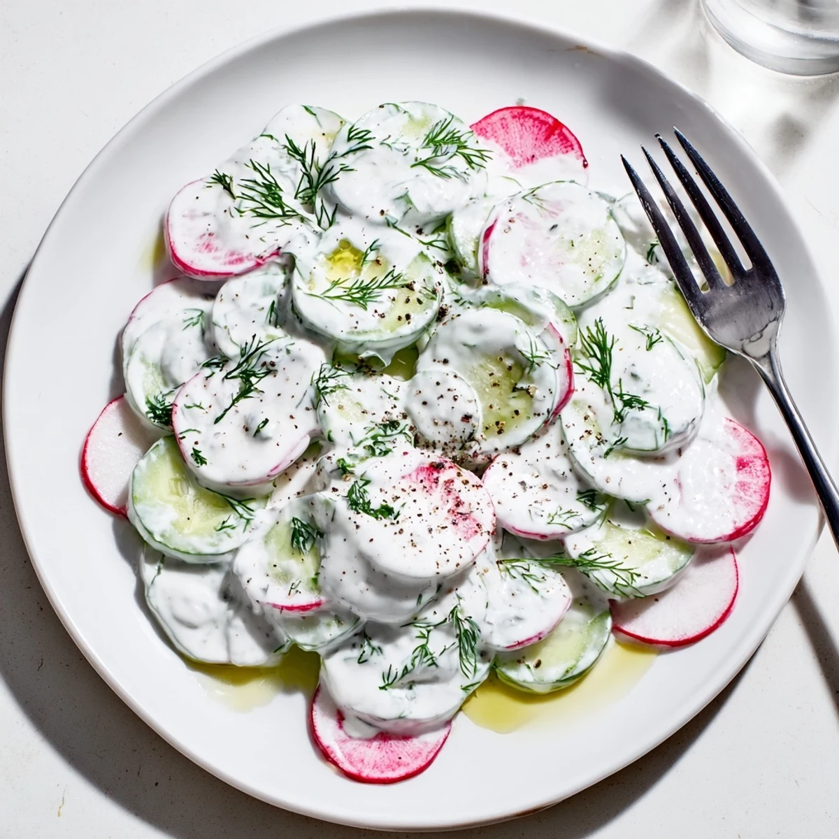 Crisp sliced cucumbers and peppery radishes coated in tangy yogurt dill dressing