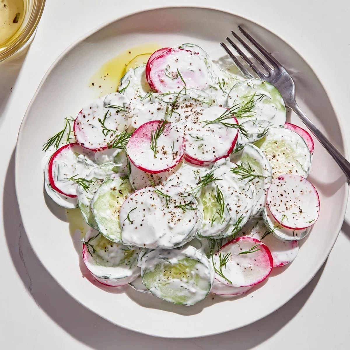 Chilled cucumber radish yogurt dill salad garnished with feathery fresh dill sprigs