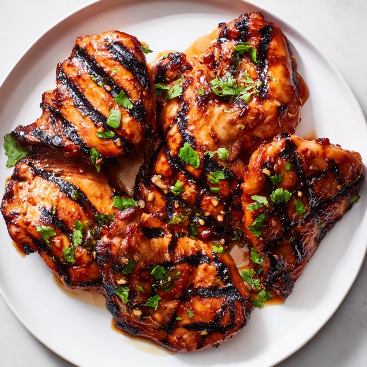 Sweet n Spicy Grilled Chicken Thighs topped with fresh cilantro on a rustic plate