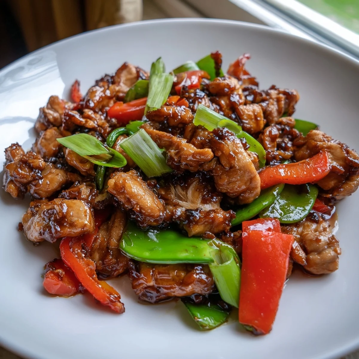 Golden stir fried Chinese garlic chicken tossed with crisp snow peas and bell peppers