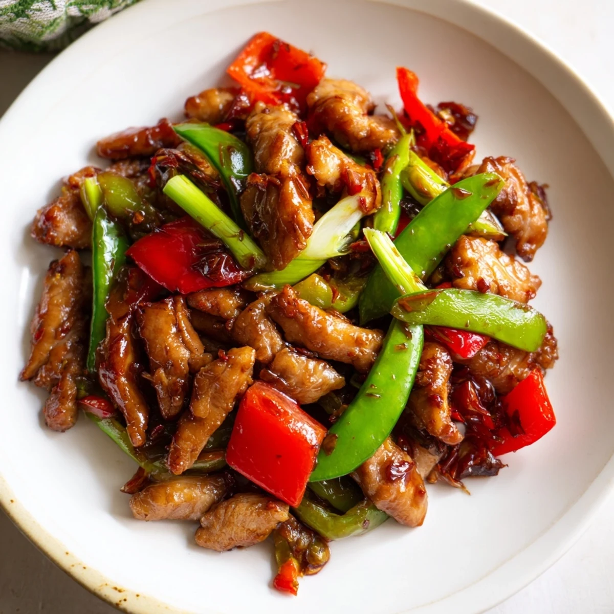 Hearty plate of stir fried Chinese garlic chicken served over fluffy steamed jasmine rice