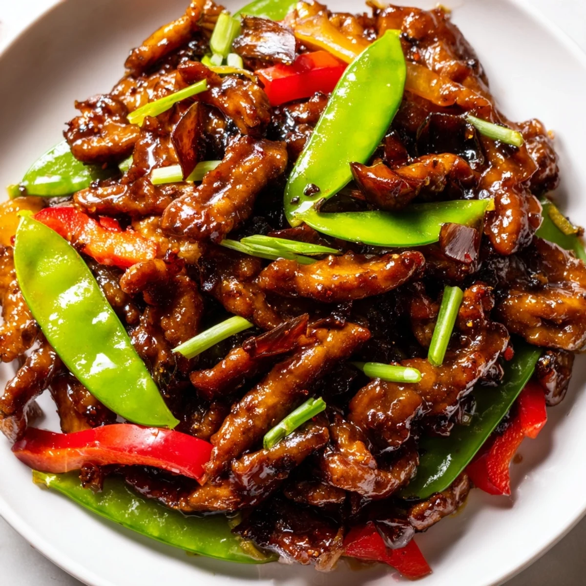Sizzling stir fried Chinese garlic chicken glazed in rich garlicky sauce with colorful vegetables