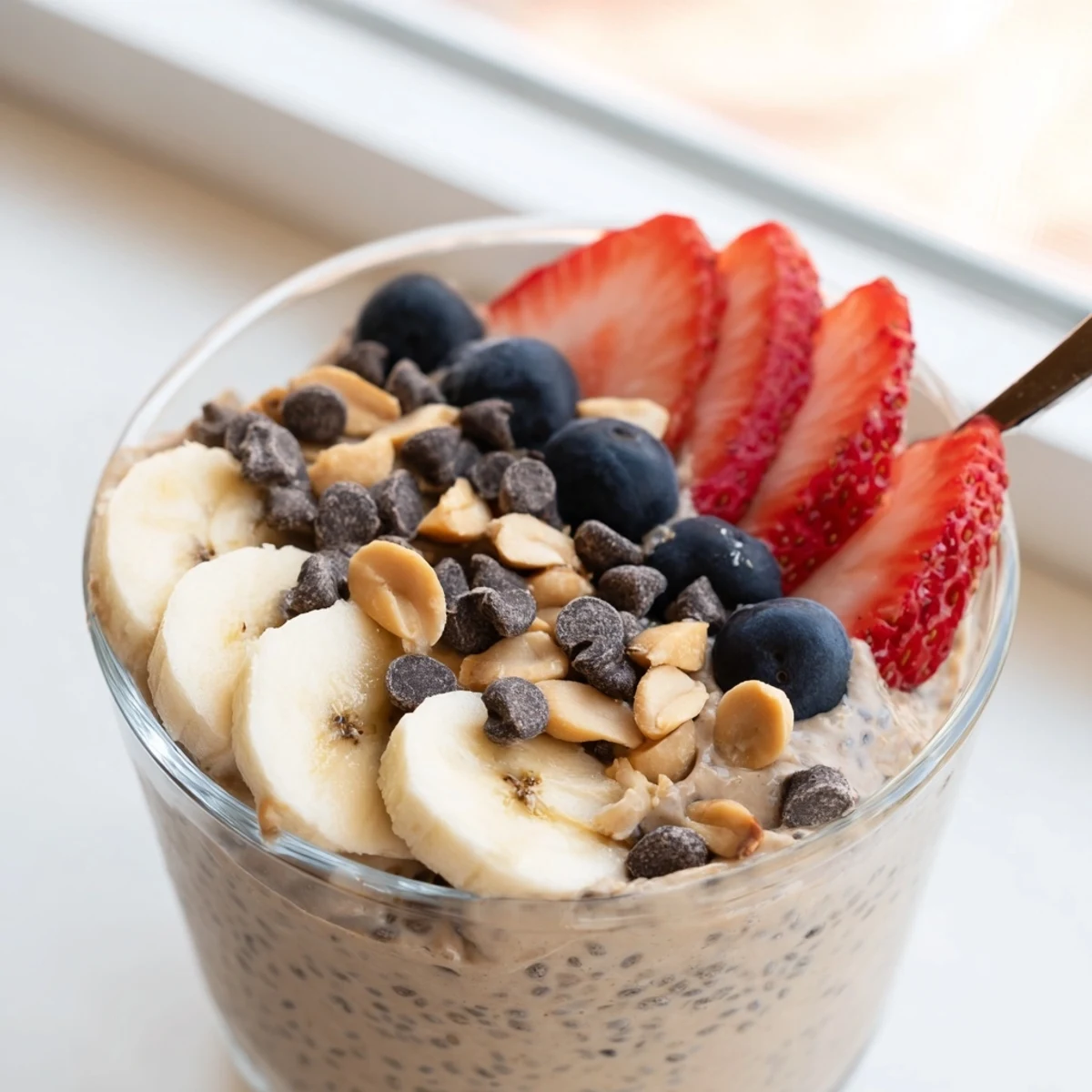 Thick chocolate-drizzled peanut butter chia pudding served in glass jars at breakfast