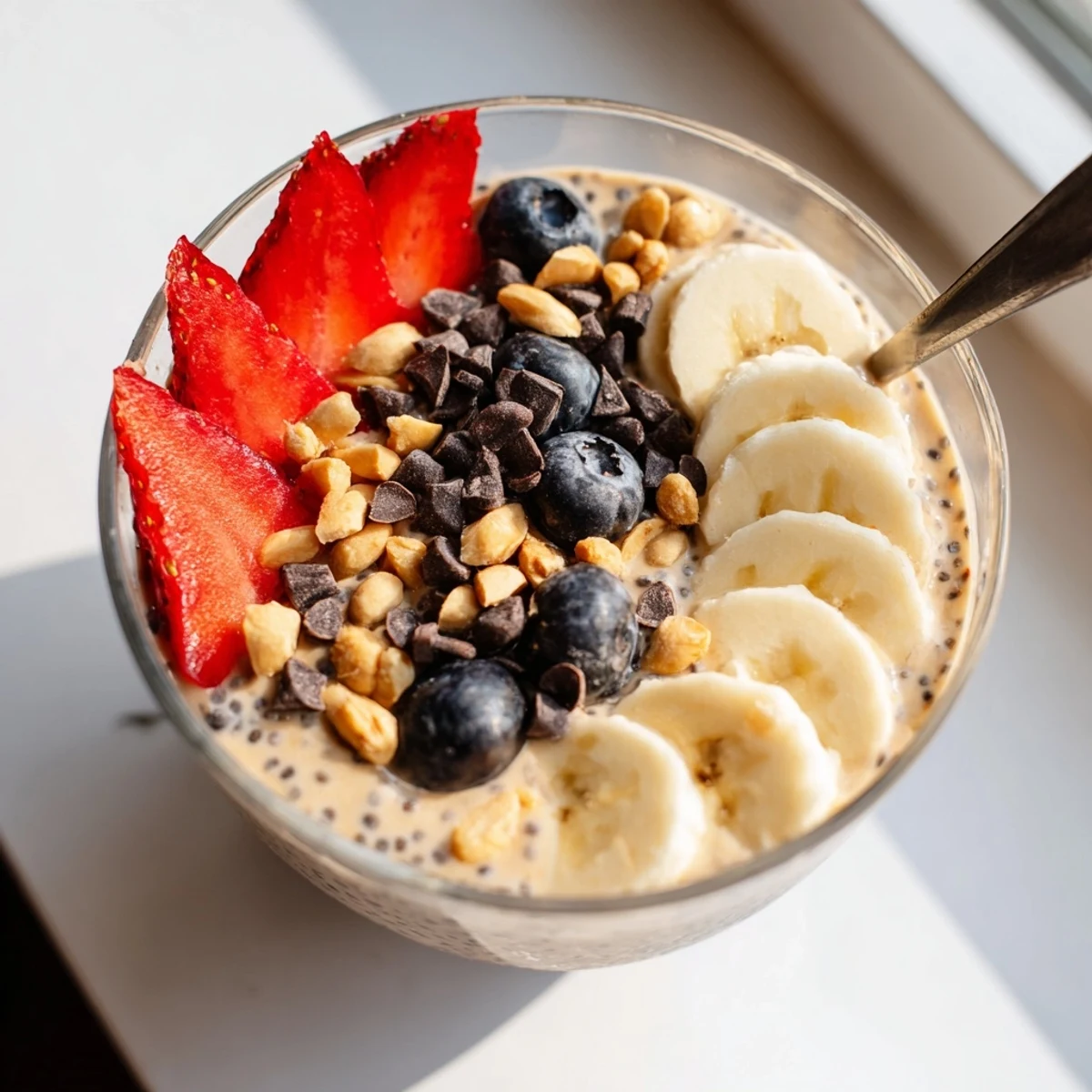 Creamy peanut butter chia pudding topped with banana slices and roasted peanuts