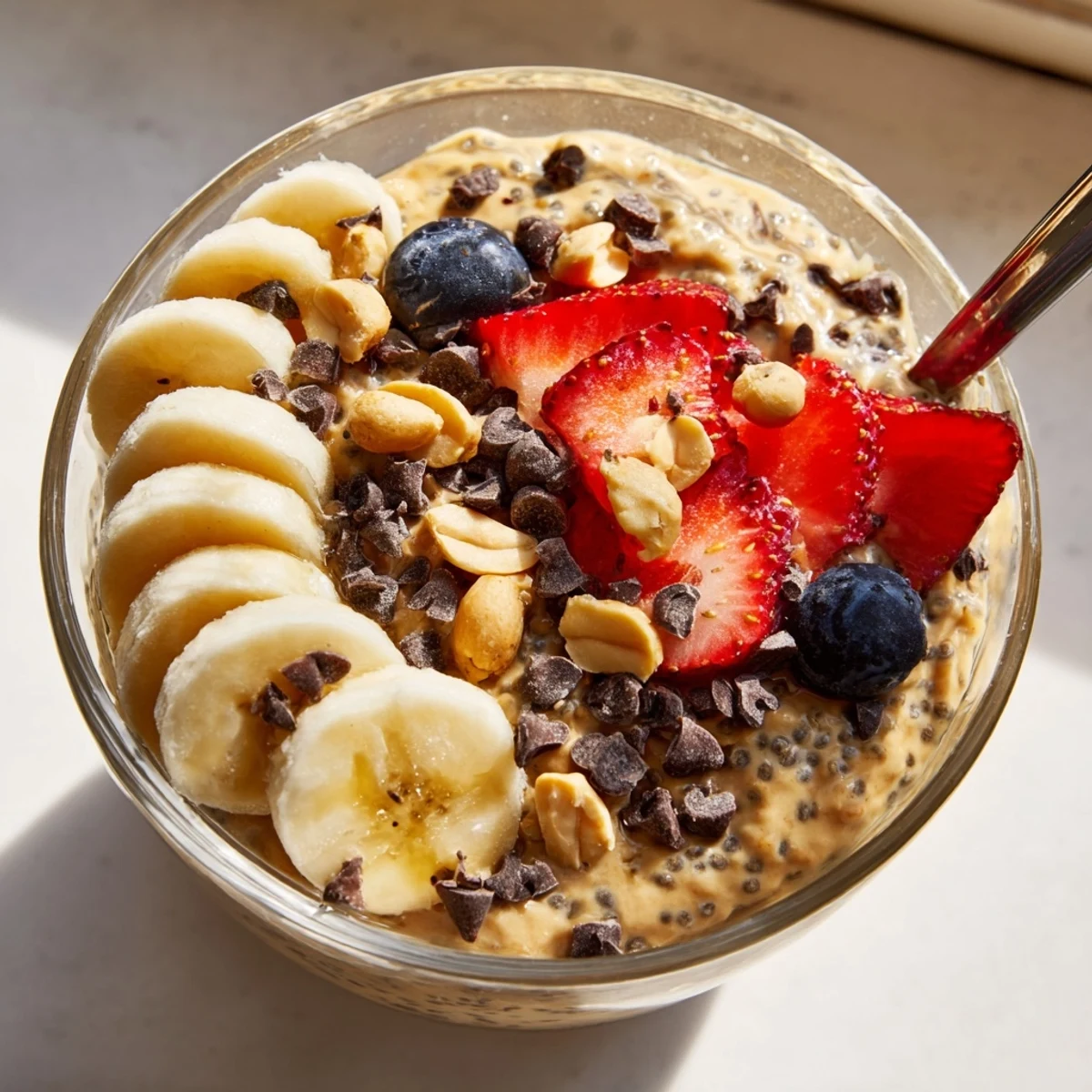 Velvety peanut butter chia pudding crowned with fresh berries and a drizzle
