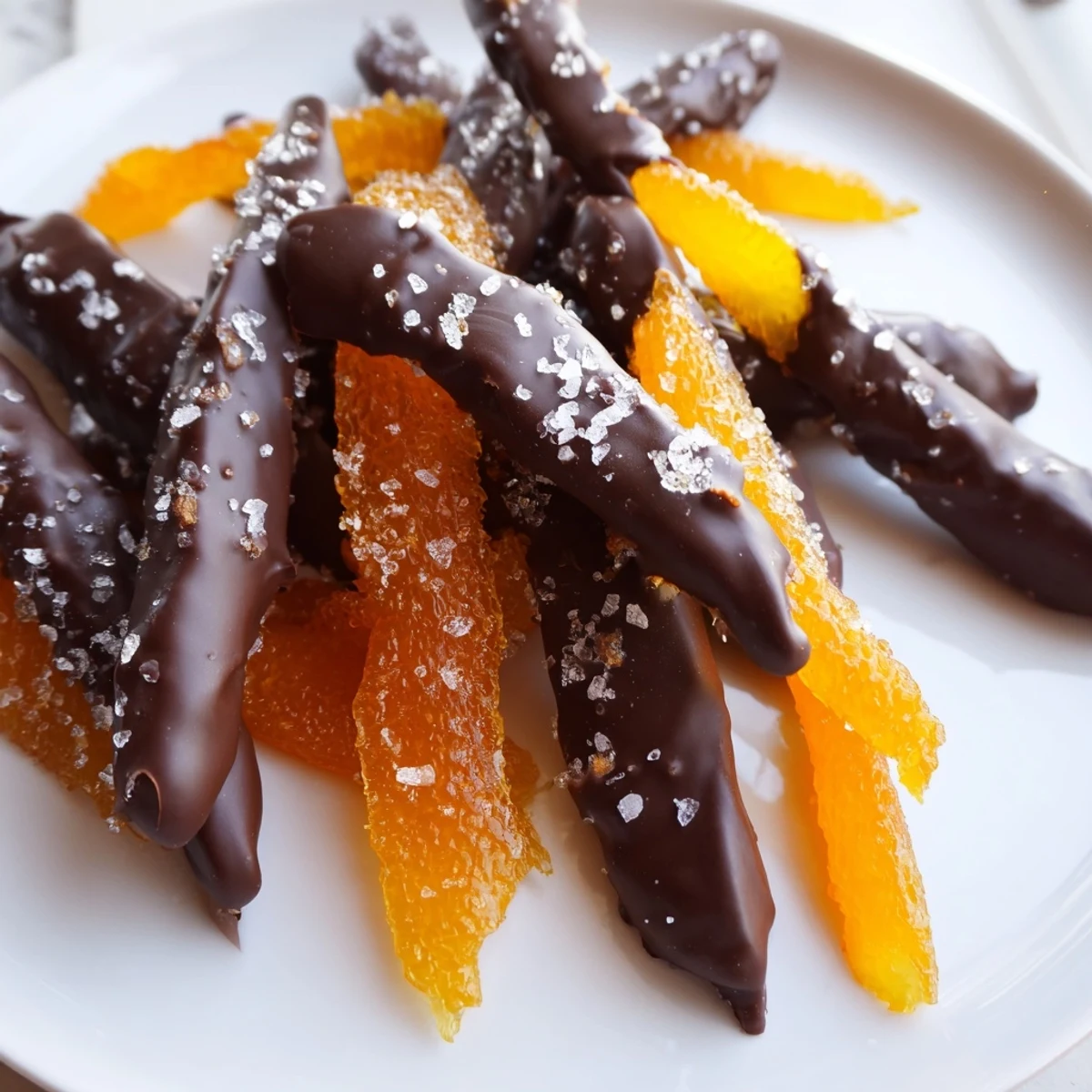 Glistening chocolate covered orange peels arranged on parchment, sprinkled with flaky sea salt