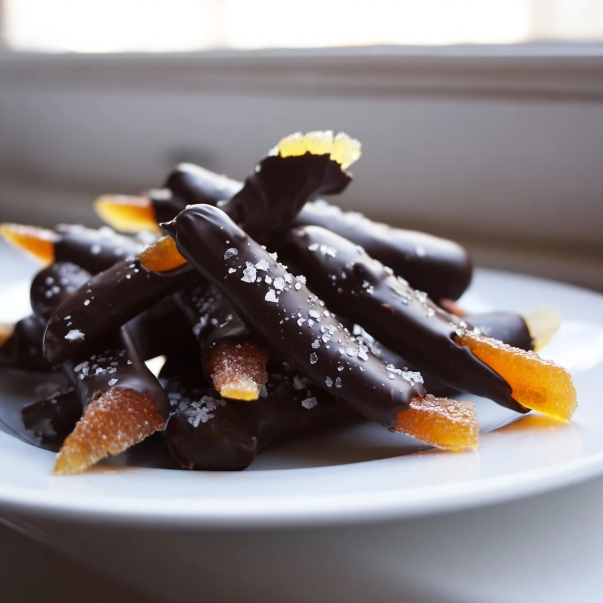 Candied orange strips half-dipped in dark chocolate, glowing with citrus shine