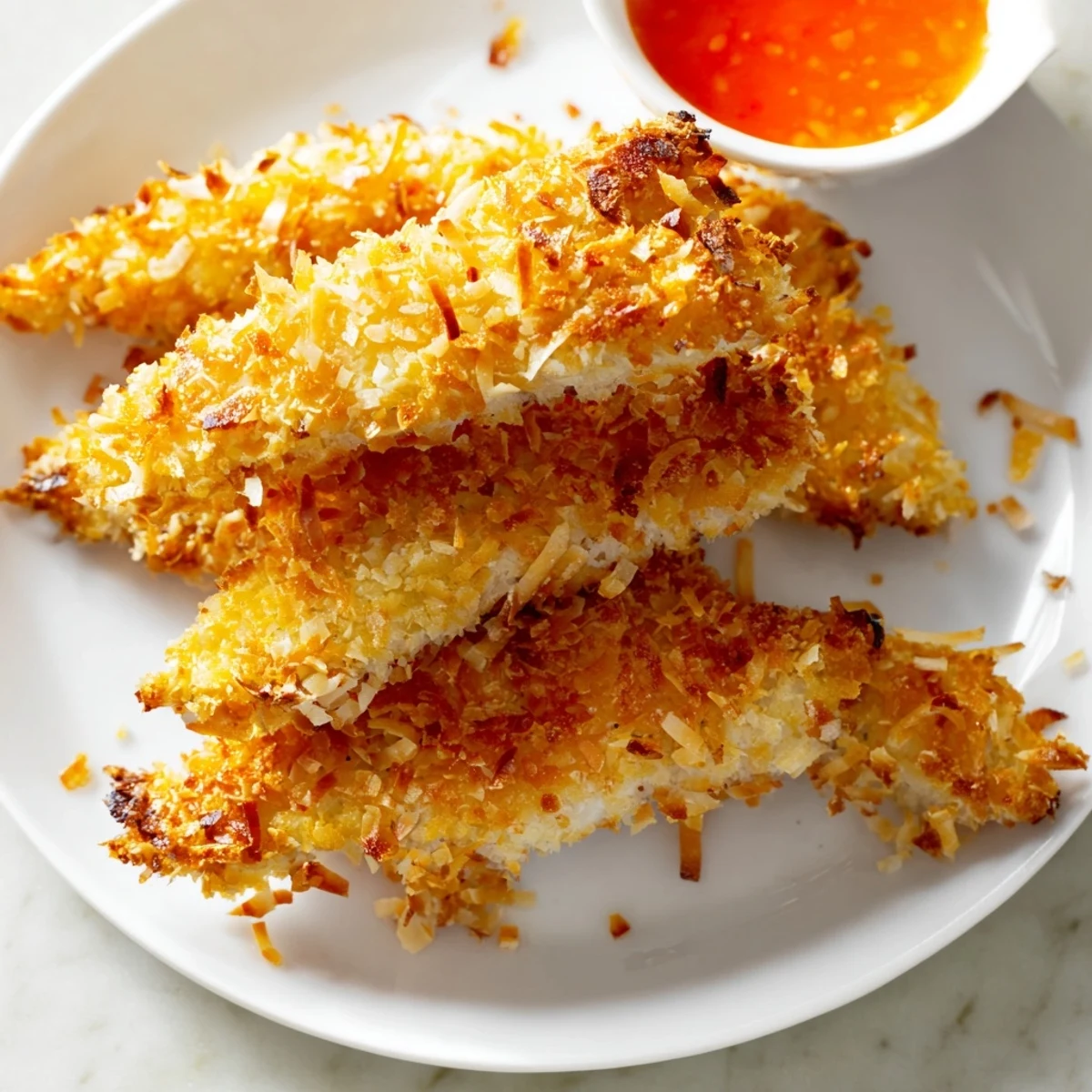 Golden crunchy coconut chicken strips served with sweet chili dipping sauce on a rustic plate
