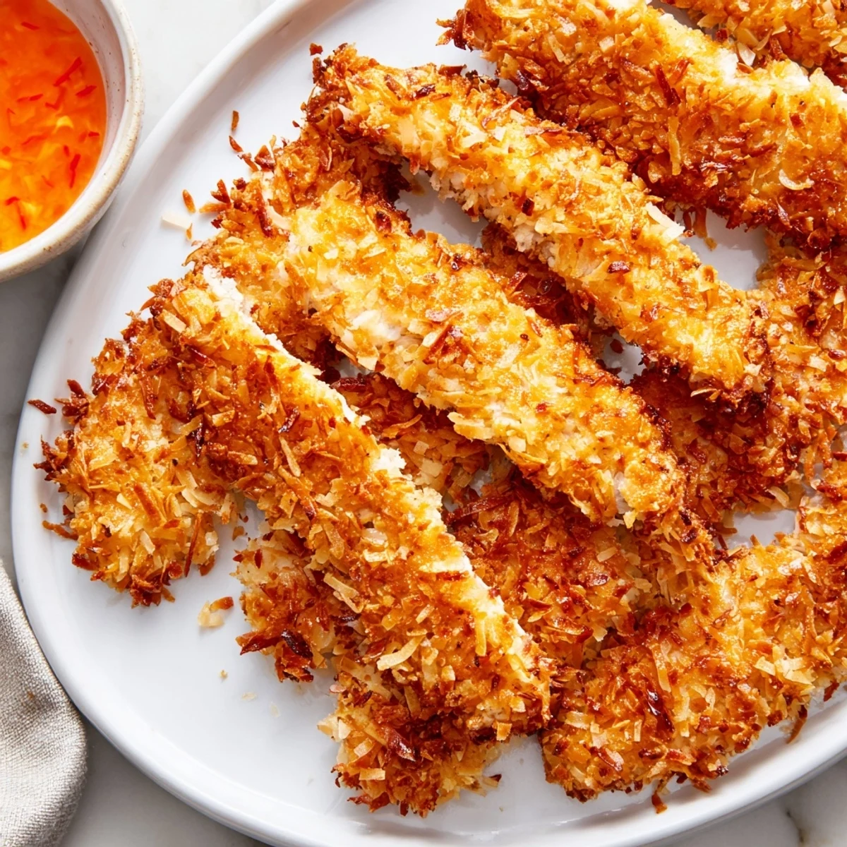 Crunchy coconut chicken pieces piled on a platter alongside mango chutney for dipping