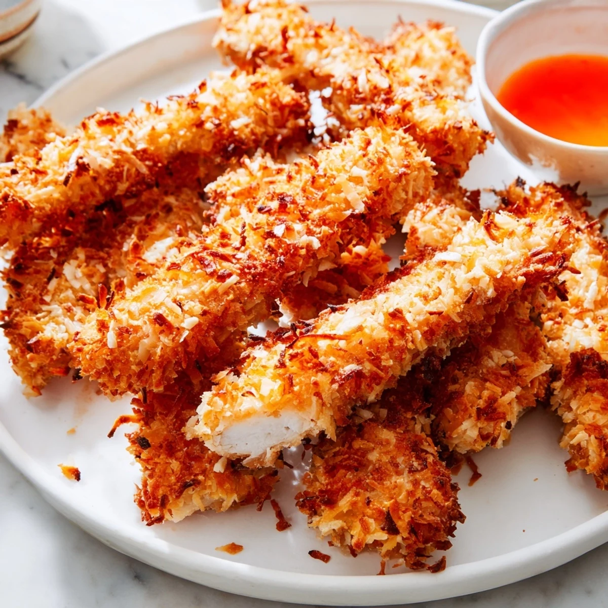 Crispy coconut chicken tenders fresh from the oven on a parchment-lined baking sheet