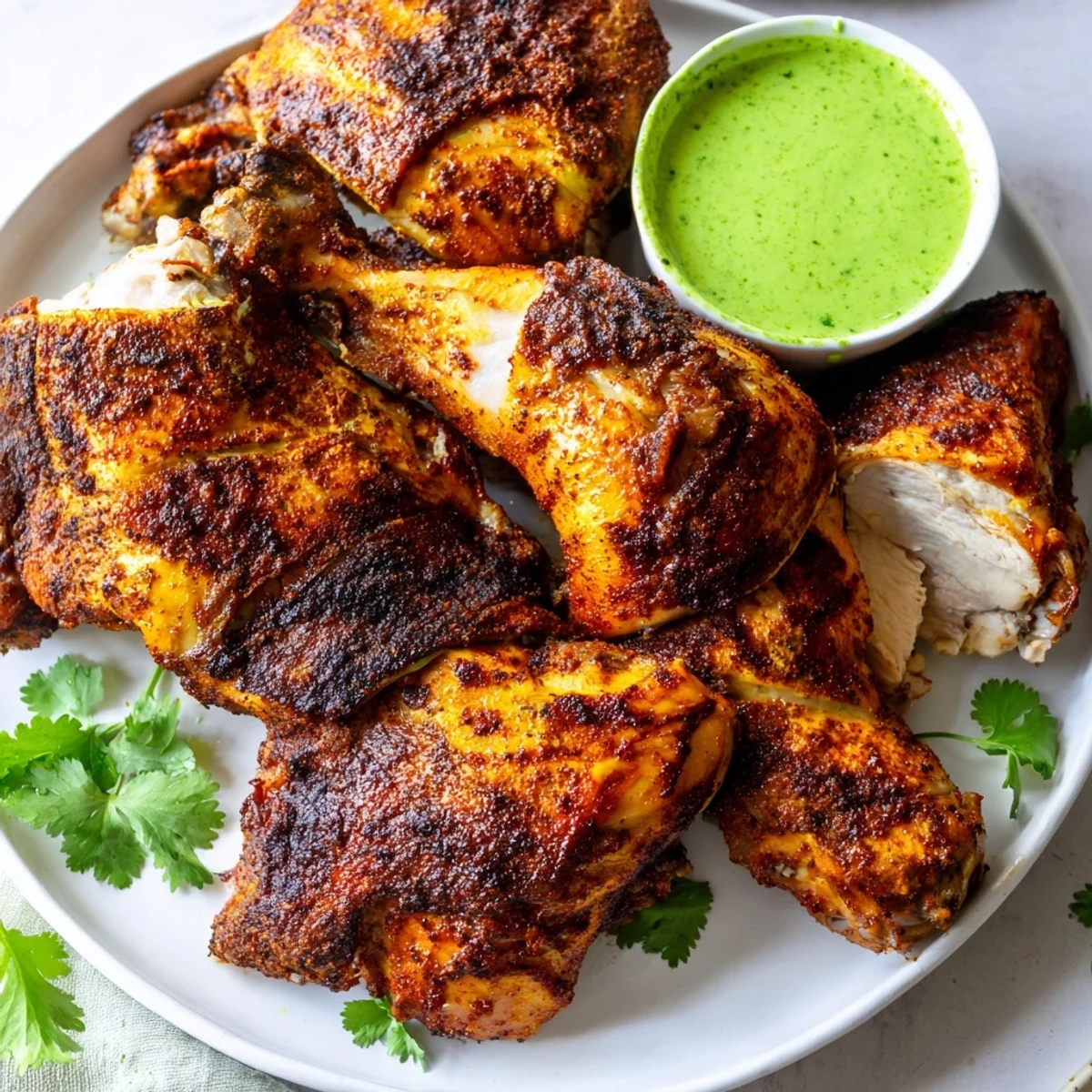 Juicy Peruvian Chicken Delight sliced and drizzled with vibrant creamy green sauce
