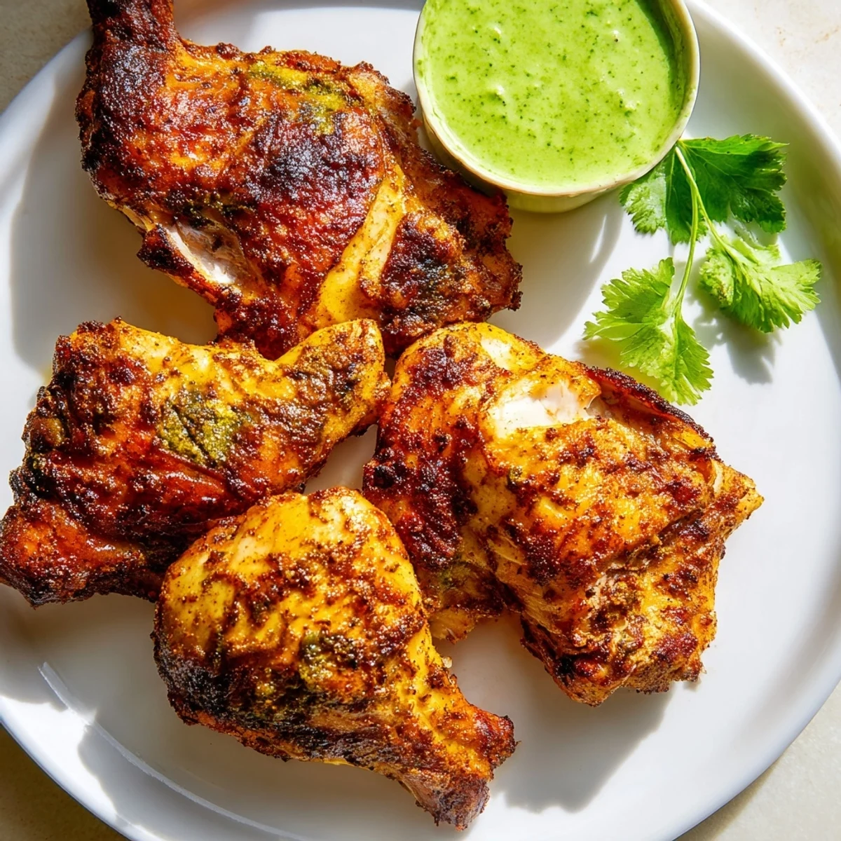 Golden Peruvian Chicken Delight with crispy herb-marinated skin on a rustic platter