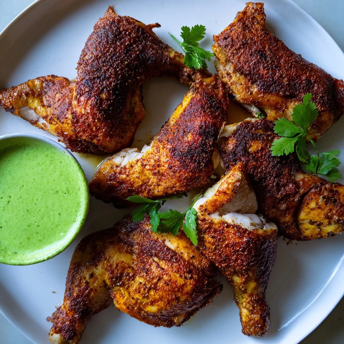 Perfectly roasted Peruvian Chicken Delight served alongside bright cilantro aji verde dipping sauce