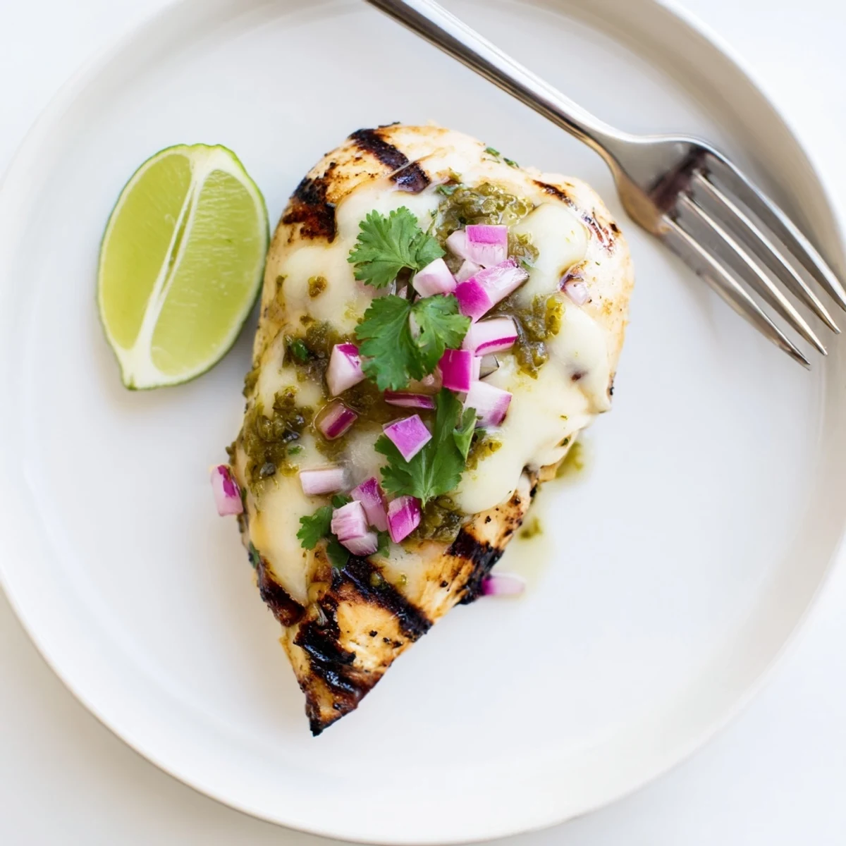 Grilled Pepper Jack chicken breast with melted cheese and bright salsa verde