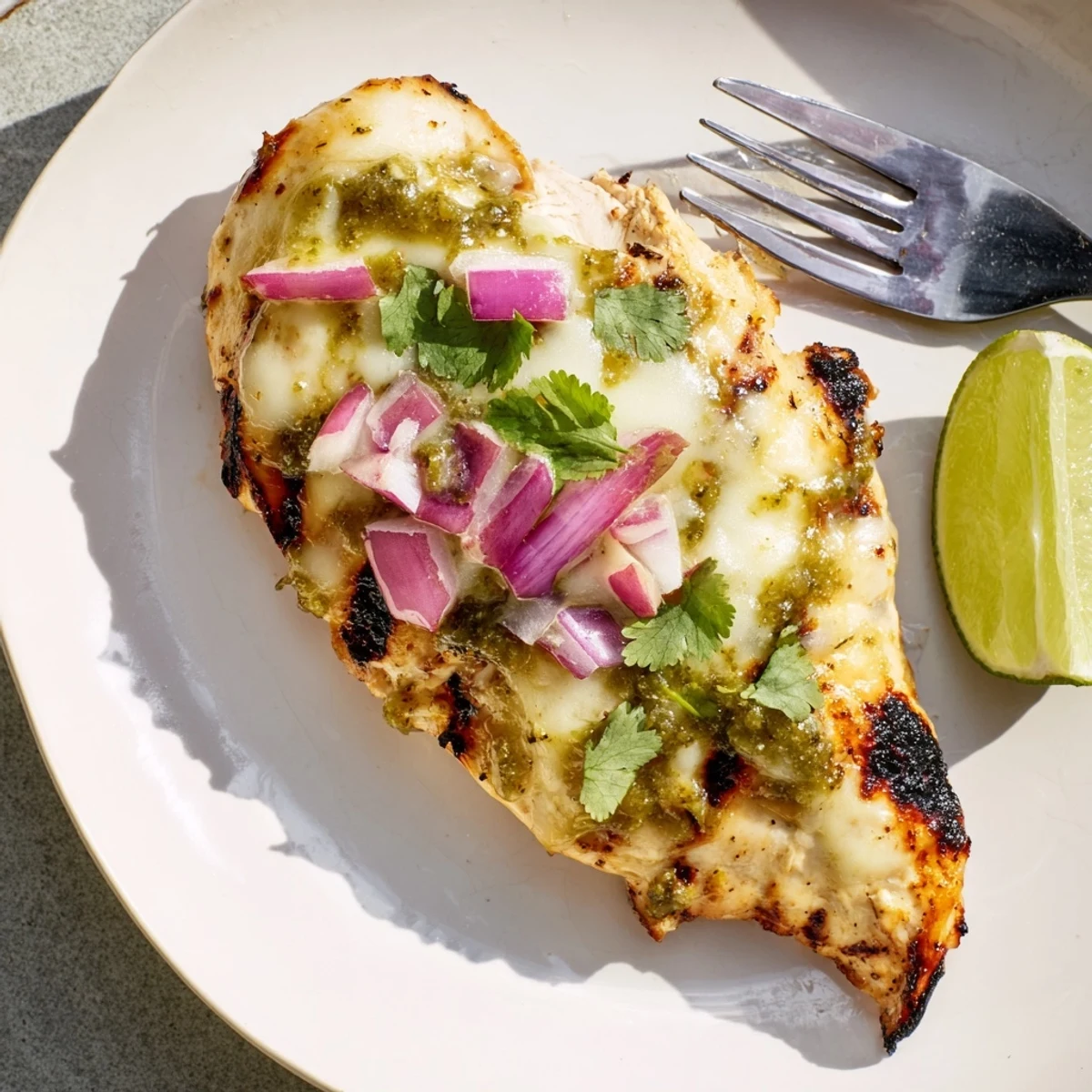 Juicy grilled chicken topped with gooey Pepper Jack cheese and vibrant cilantro garnish