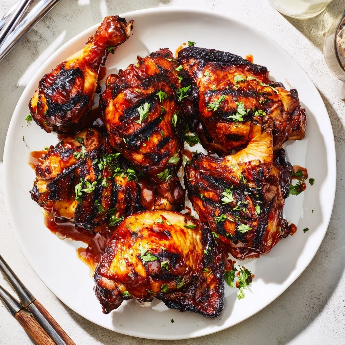 Smoky barbecue chicken with charred crispy skin fresh off a summer grill