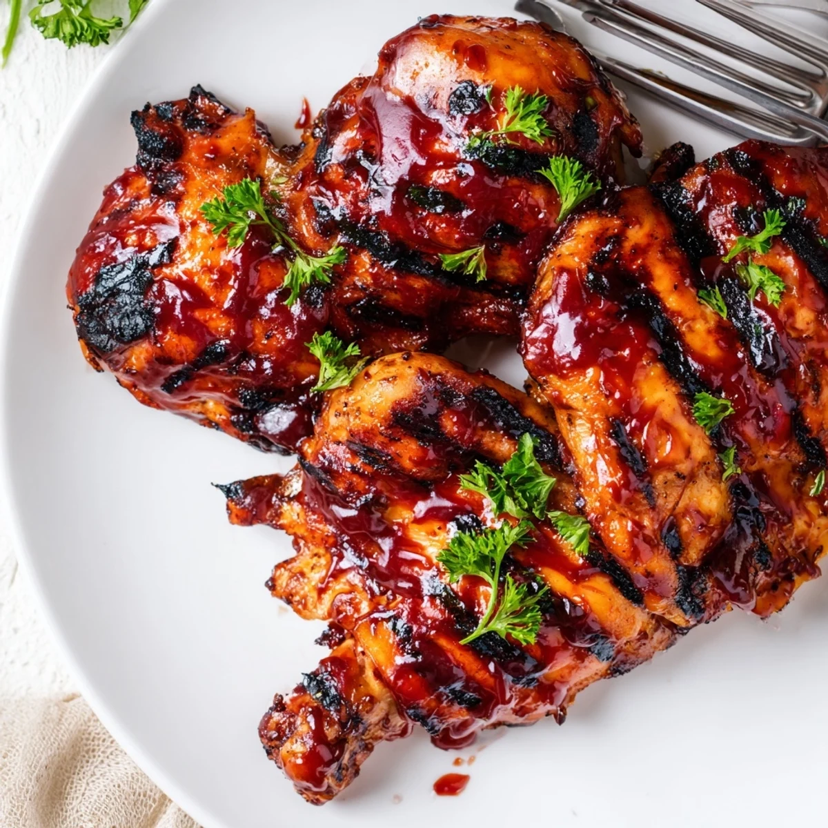 Juicy barbecue chicken pieces glistening with tangy sauce on a rustic platter