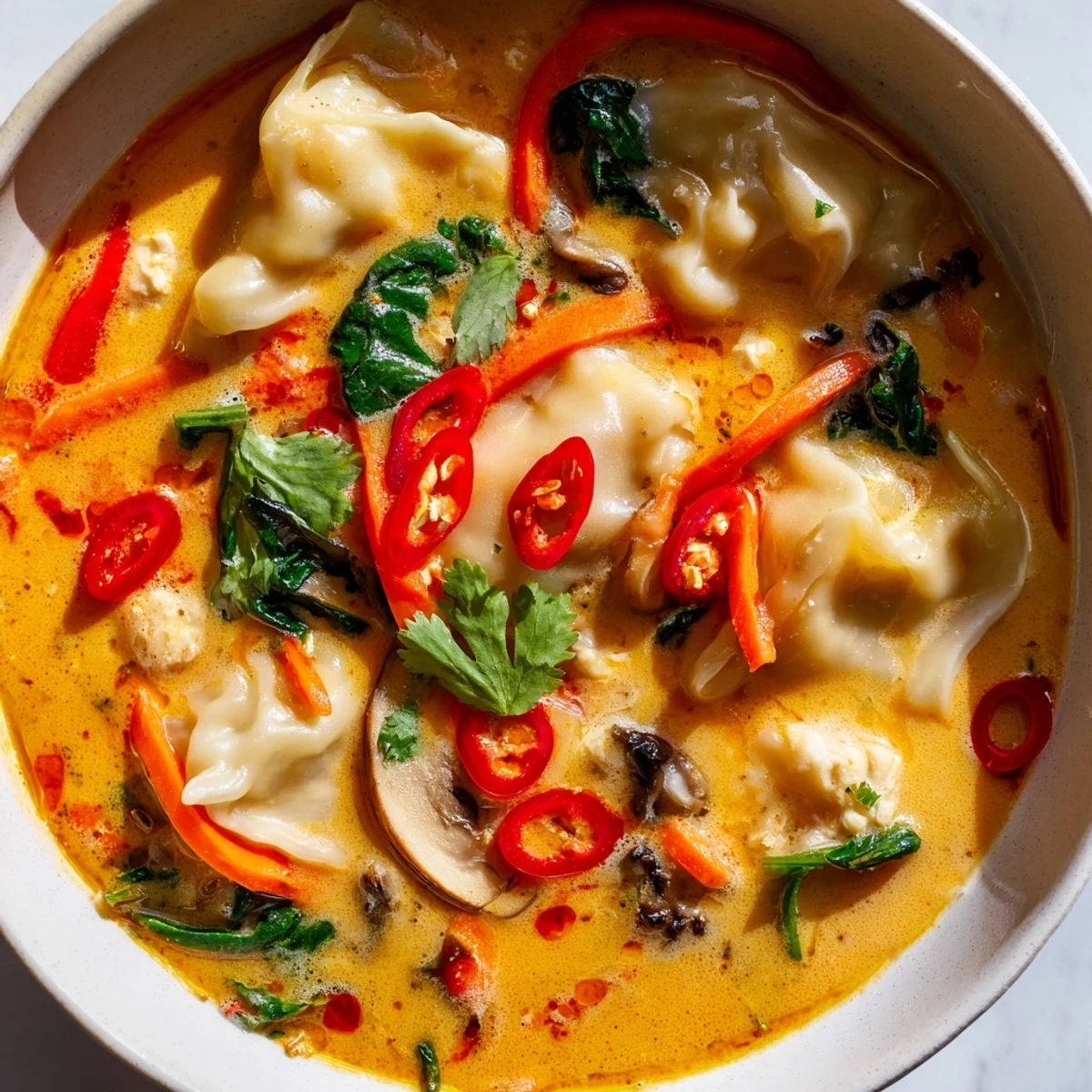 Steaming bowls of Creamy Thai Dumpling Soup topped with fresh herbs and chili slices