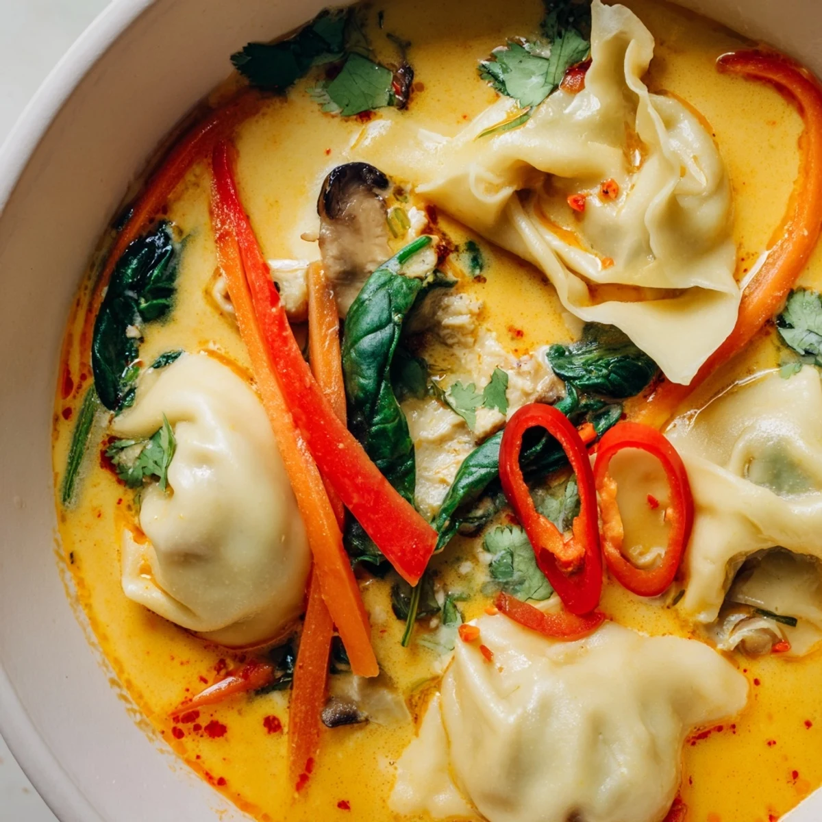 Golden coconut broth with plump dumplings and vibrant vegetables in this Creamy Thai Dumpling Soup