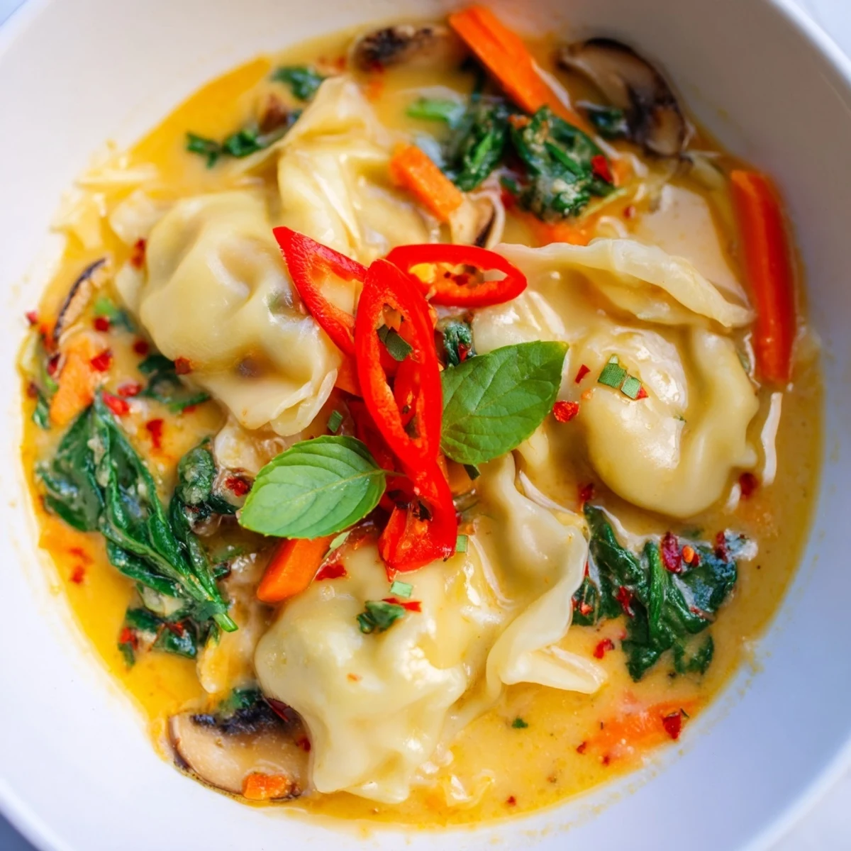 Creamy Thai Dumpling Soup ladled into a bowl with wilted spinach and shiitake mushrooms