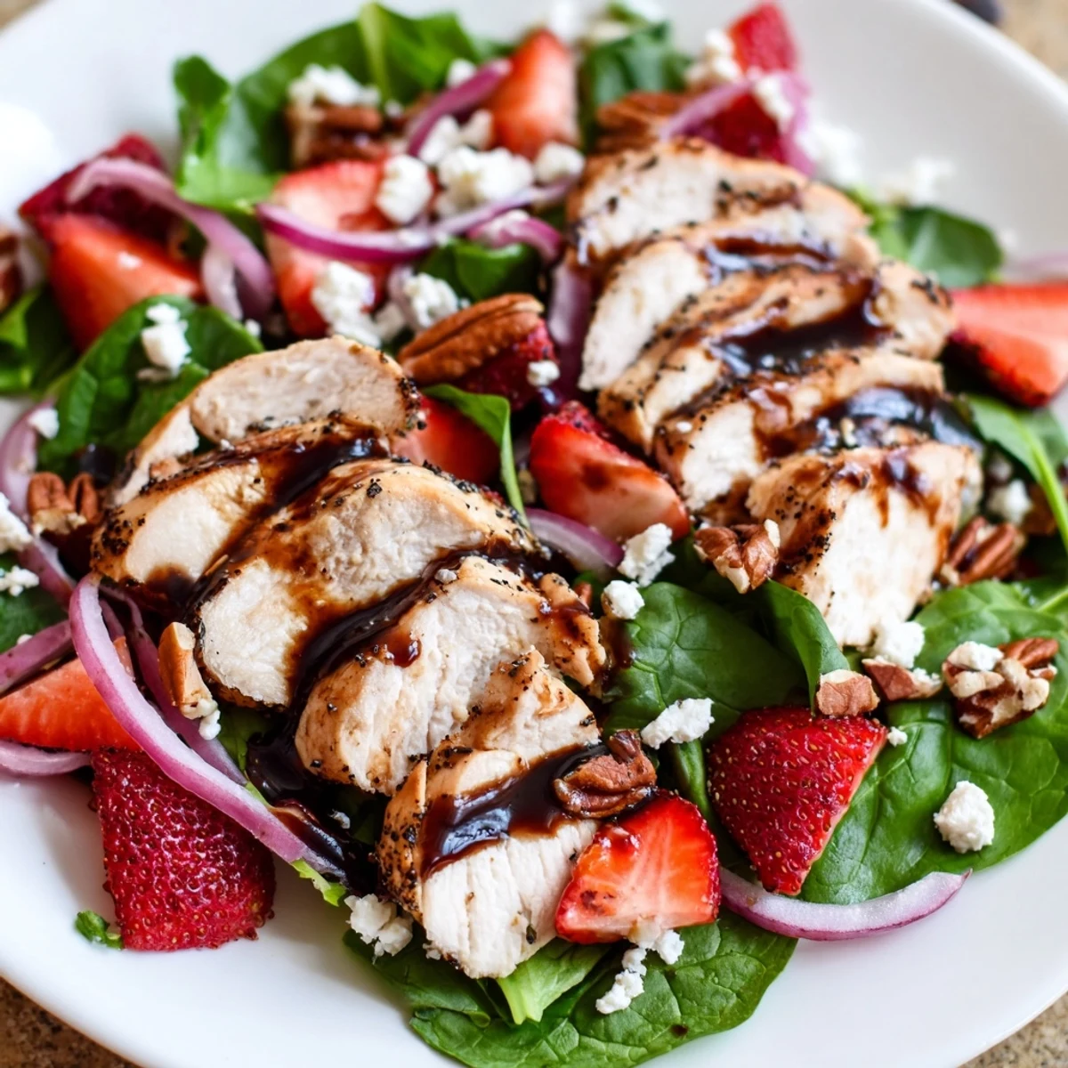 Freshly grilled chicken slices atop a vibrant Strawberry Chicken Salad with ripe berries and crumbled feta