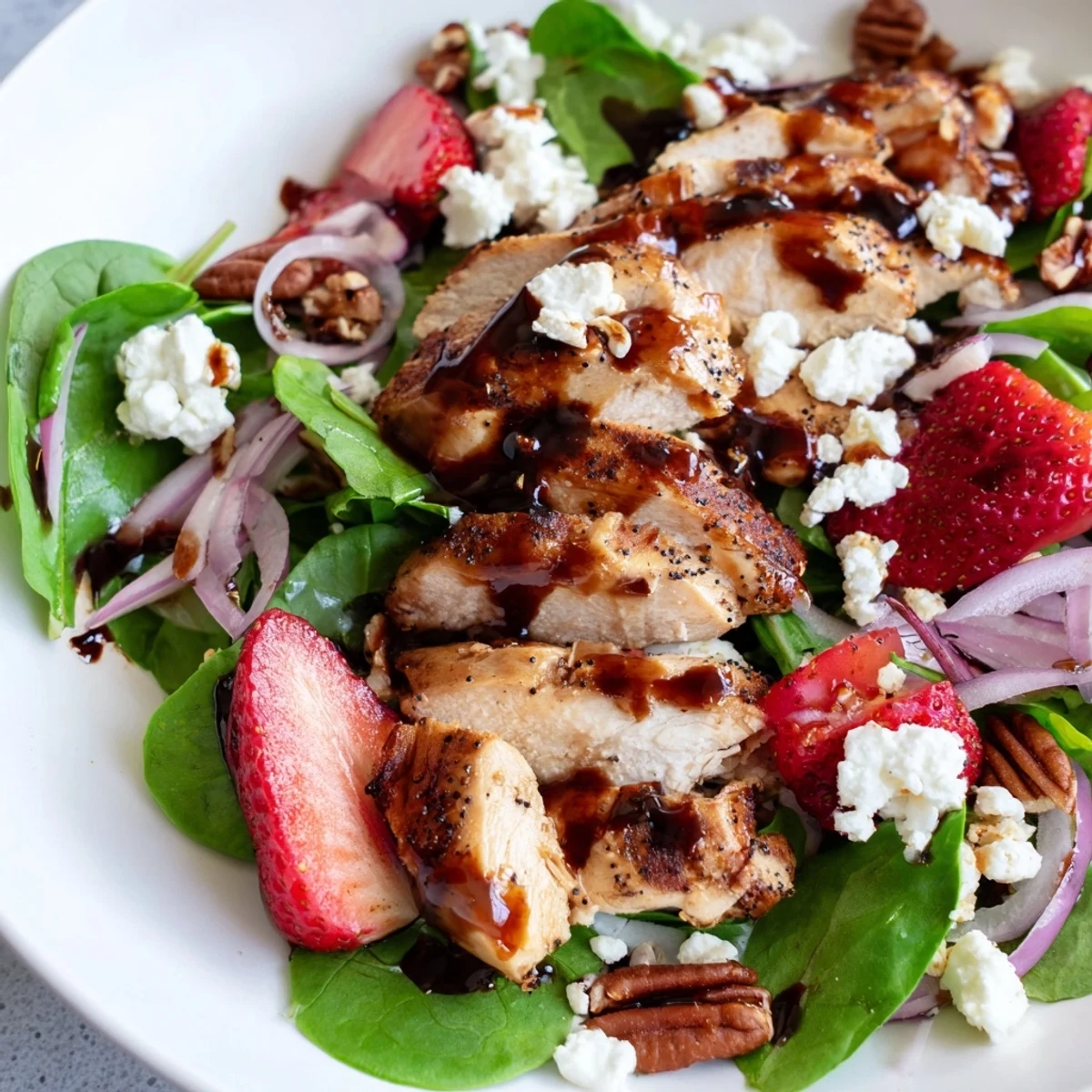 A colorful Strawberry Chicken Salad drizzled with tangy poppy seed dressing on a rustic plate