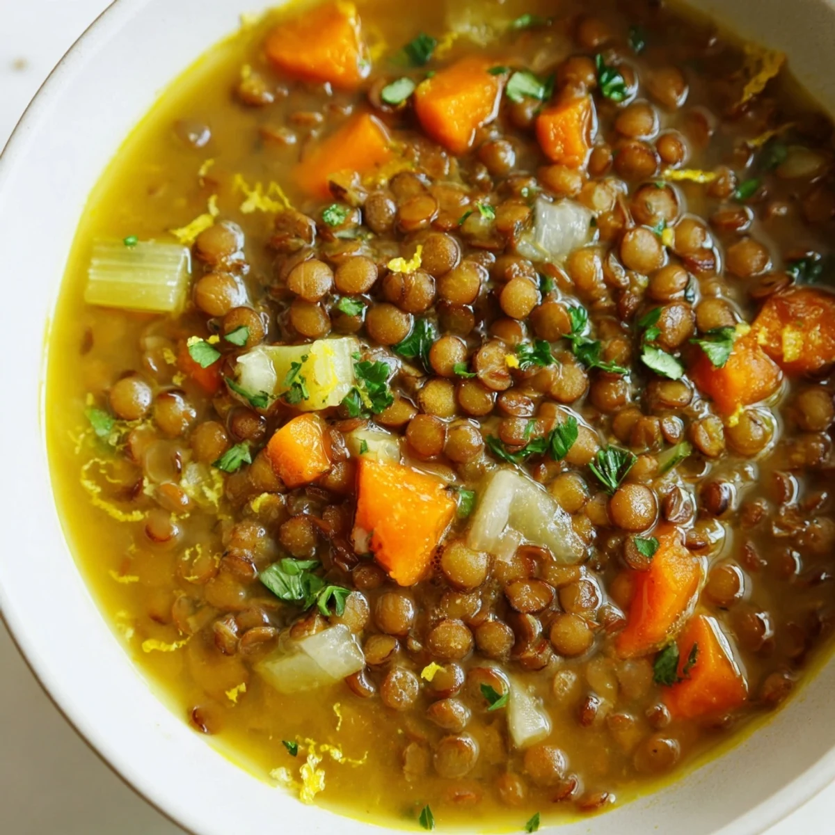 Steaming bowl of golden lemon lentil soup garnished with fresh parsley and lemon wedges