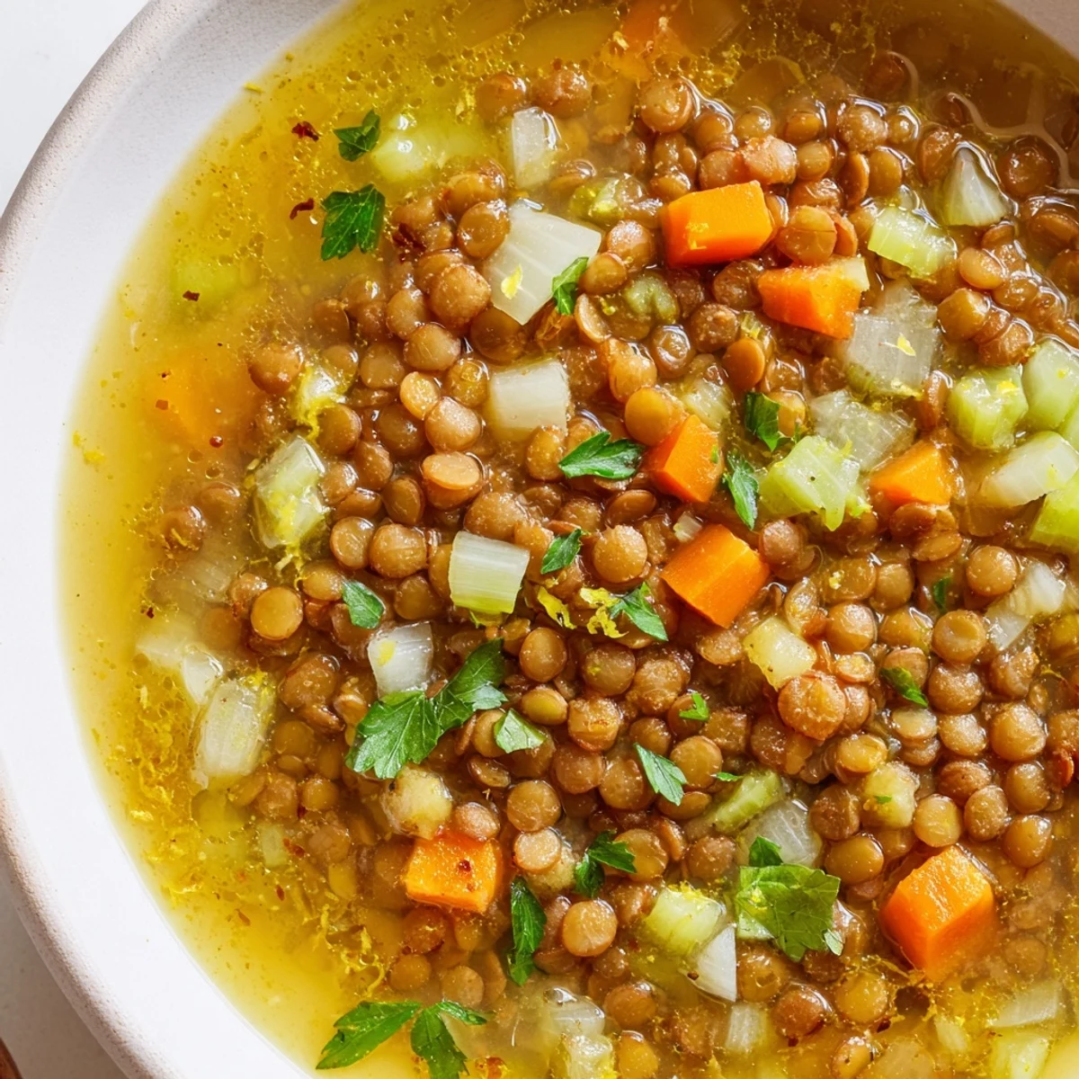 Bright yellow lemon lentil soup served with crusty bread on a cozy linen napkin