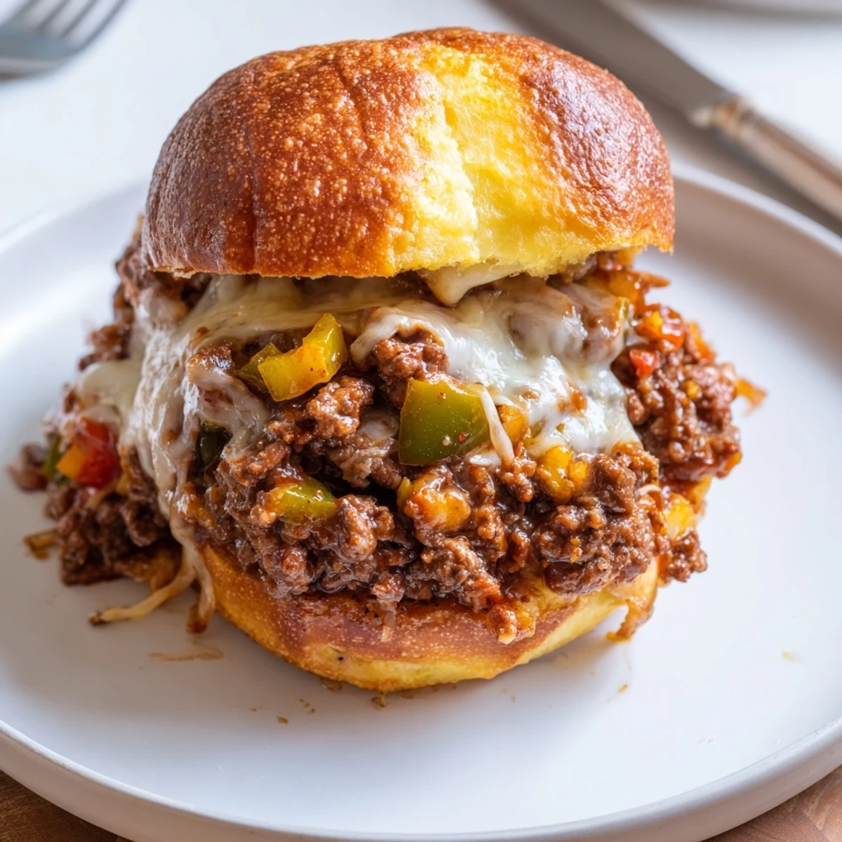 Melted provolone blankets this cheesy Philly Sloppy Joes filling with colorful peppers