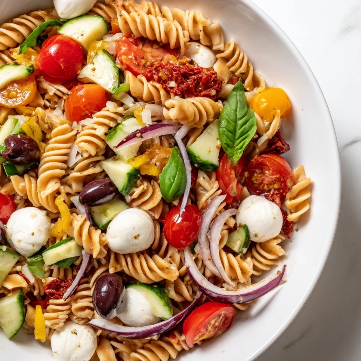Colorful vegetarian Italian pasta salad loaded with fresh vegetables and tangy vinaigrette dressing