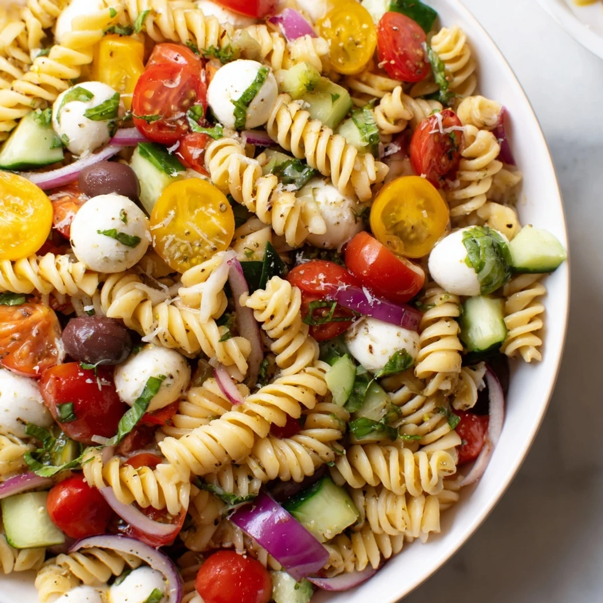 Vegetarian Italian pasta salad in a large bowl topped with mozzarella and basil