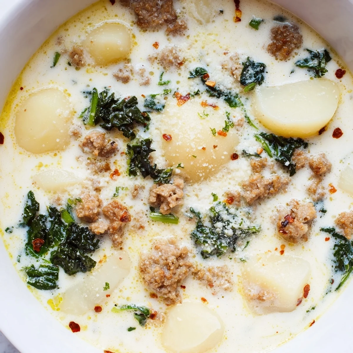 Creamy Zuppa Toscana soup loaded with crumbled sausage, tender potatoes, and fresh kale