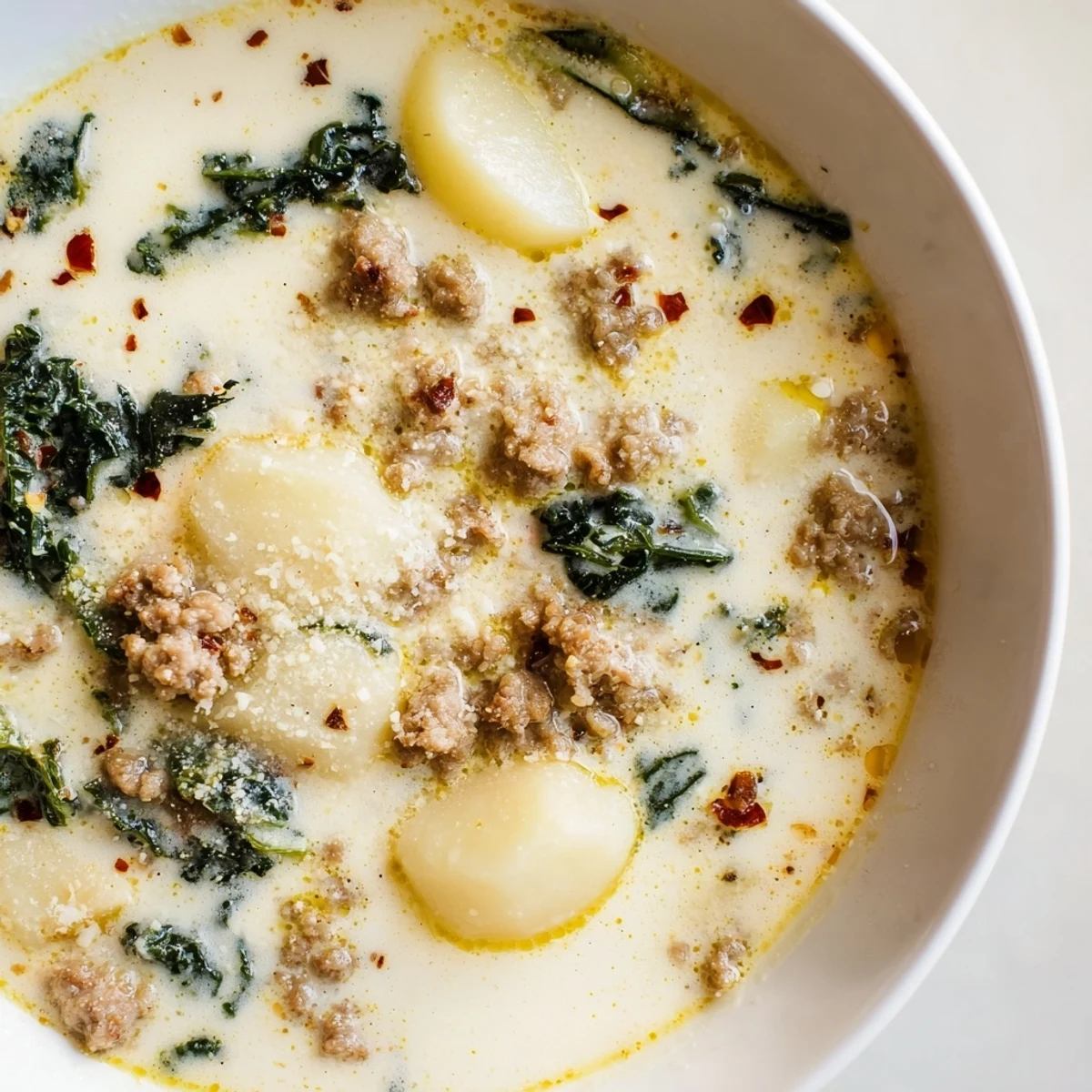 Steaming bowl of rustic Zuppa Toscana soup topped with a Parmesan garnish