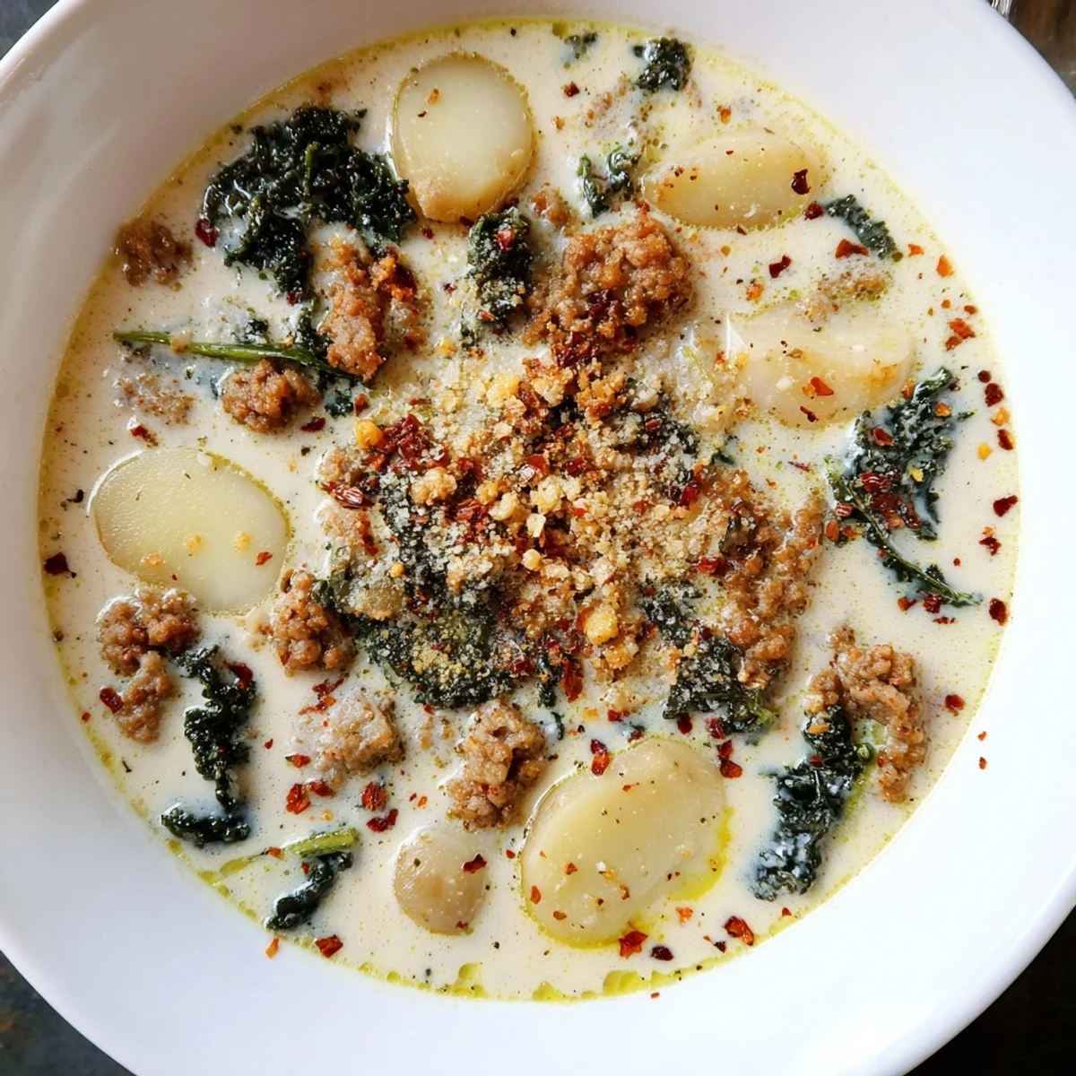 Hearty Zuppa Toscana soup with savory sausage and wilted kale in a creamy white bowl